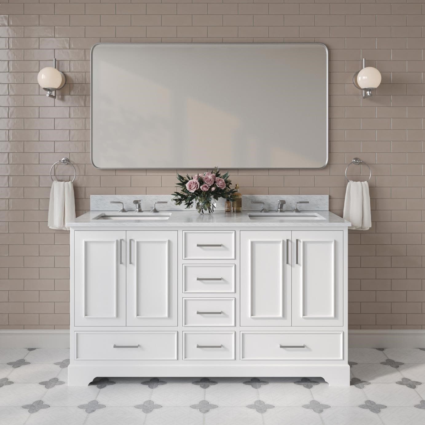 ARIEL Stafford 60-in White Undermount Double Sink Bathroom Vanity with 0.75" Carrara White Marble Marble Top