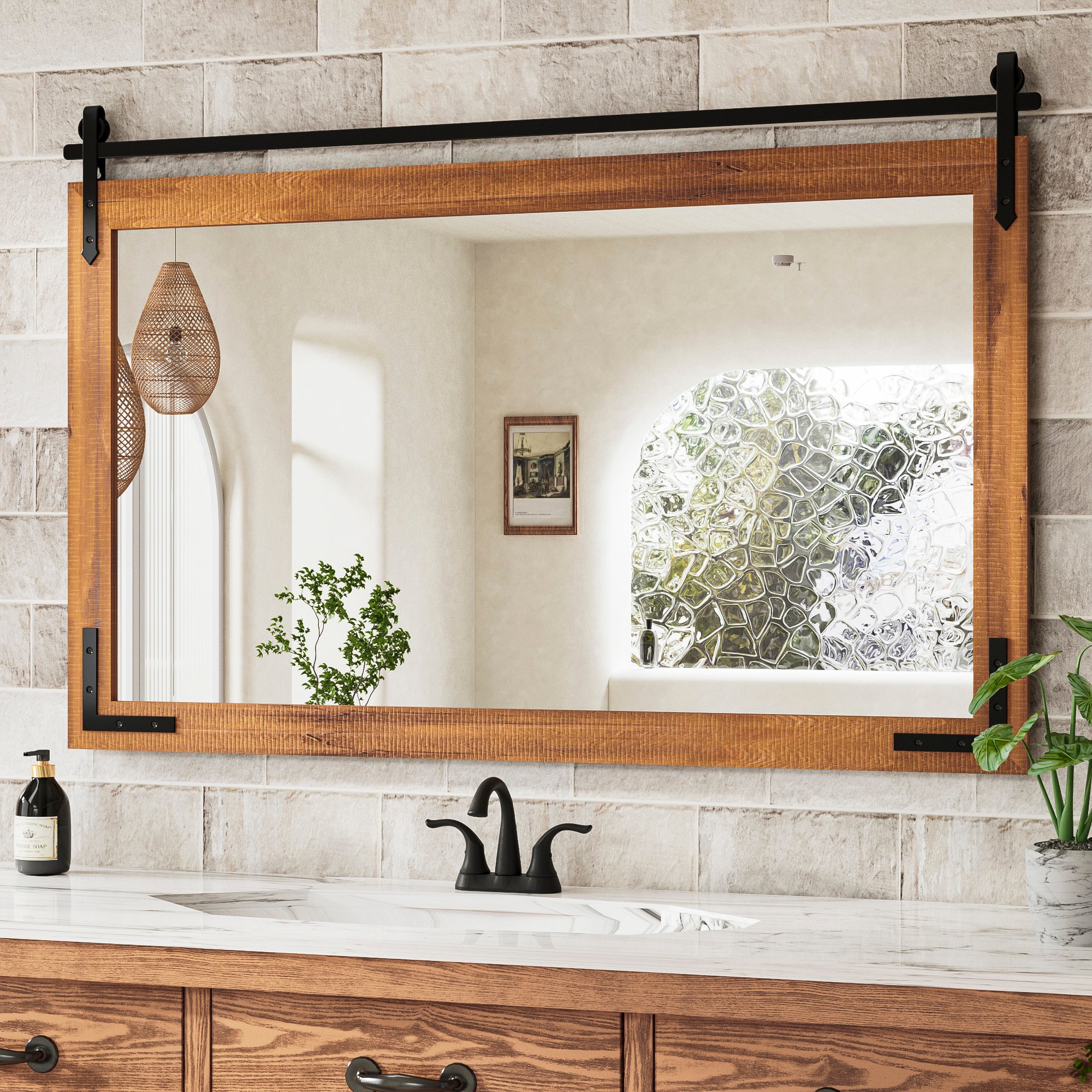 Keonjinn LW-GCJ-11476-BW Farmhouse Wall Mirrors 45-in W x 30-in H Rectangle Brown Framed Wall Mirror