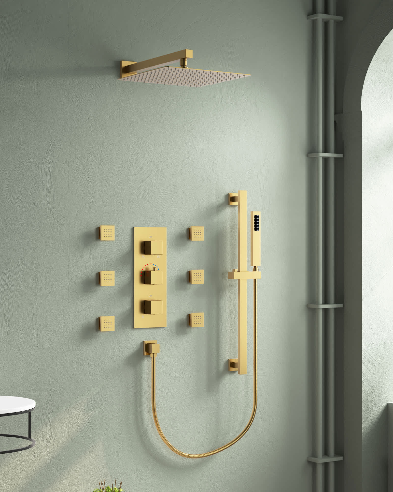 EVERSTEIN SFS-1016-GD12 3-Spray Patterns Thermostatic 12 in. Wall Mount Rain Dual Shower Heads with 6-Jet in Brushed Gold (Valve Included)