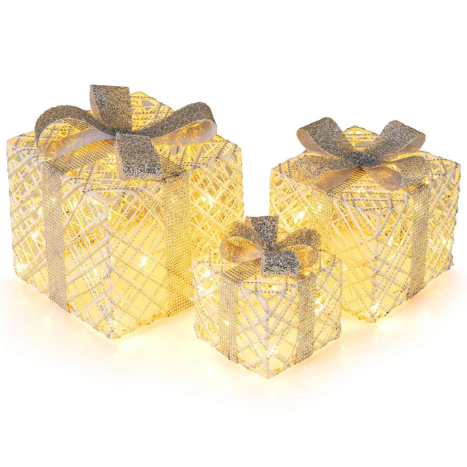 Costway CSHY001551 3 Pack Christmas Lighted Gift Box with 50 LED Lights Detachable Bows for Yard