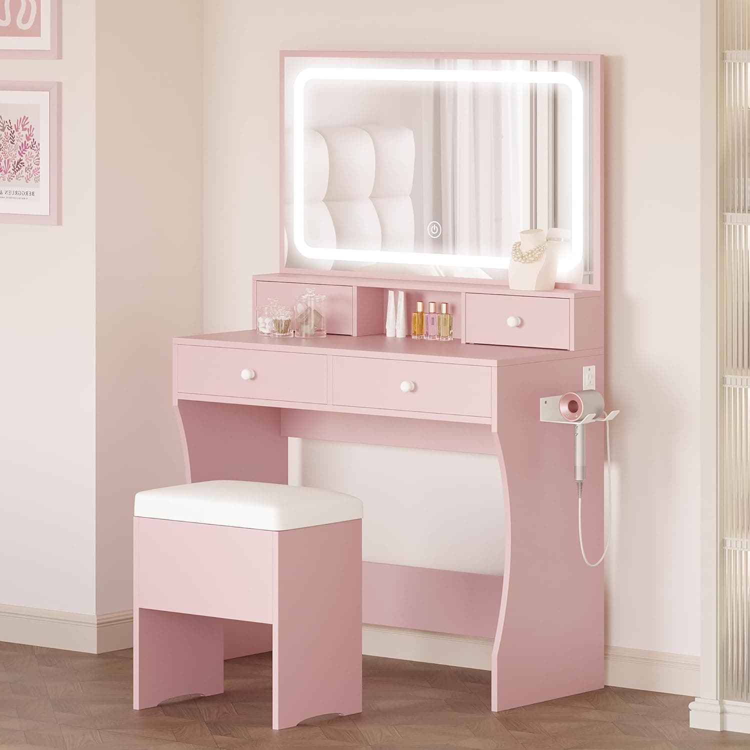 Likimio 53RAHVOF26KSILD1 31.5-in W Pink Vanity Table Set with LED Lighted Mirror and Drawers and Power Socket