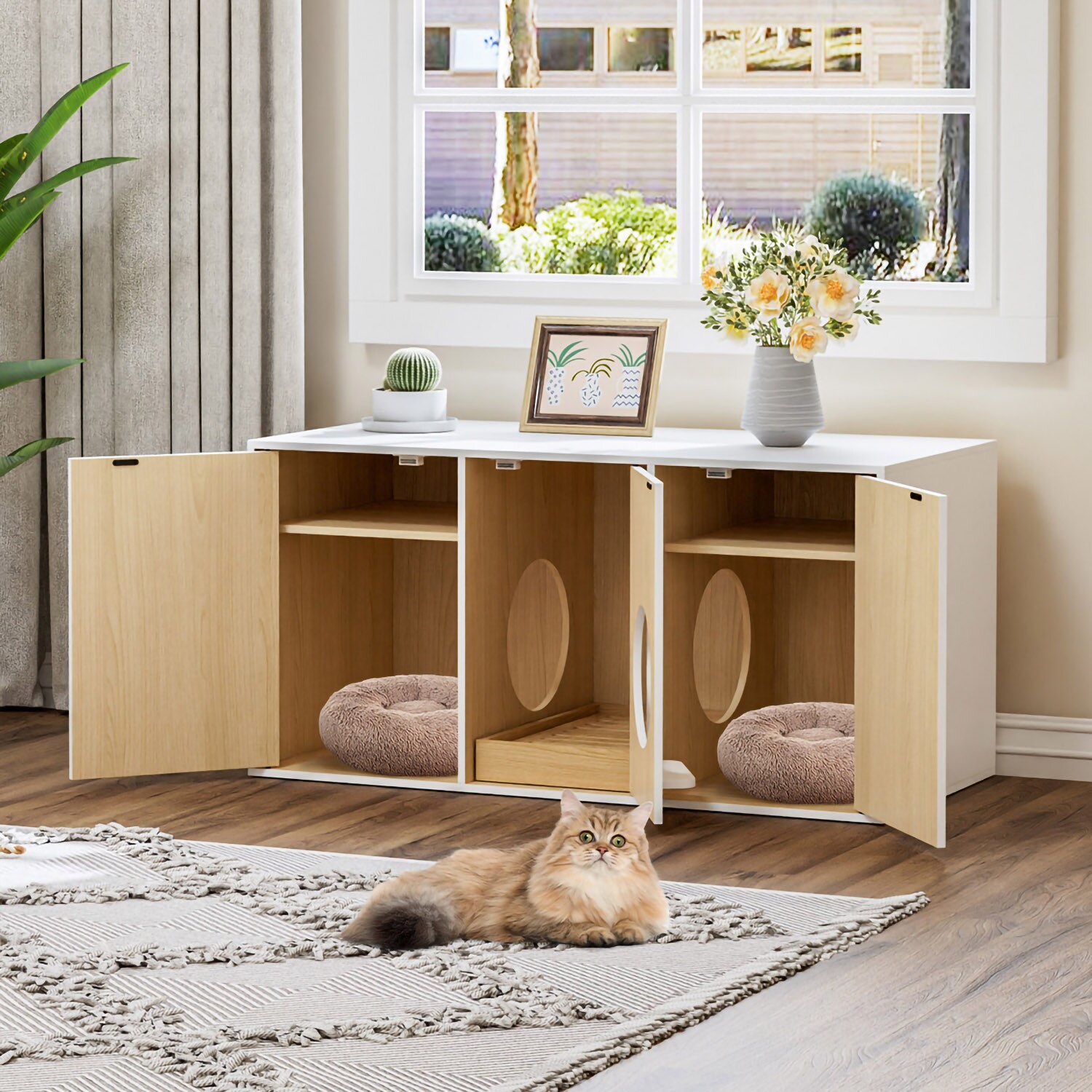 Large Cat Litter Box Enclosure for 2 Cats, Modern Wood Stackable Cat  Washroom Storage Cabinet Bench End Table Furniture with Removable Litter  Catcher Box