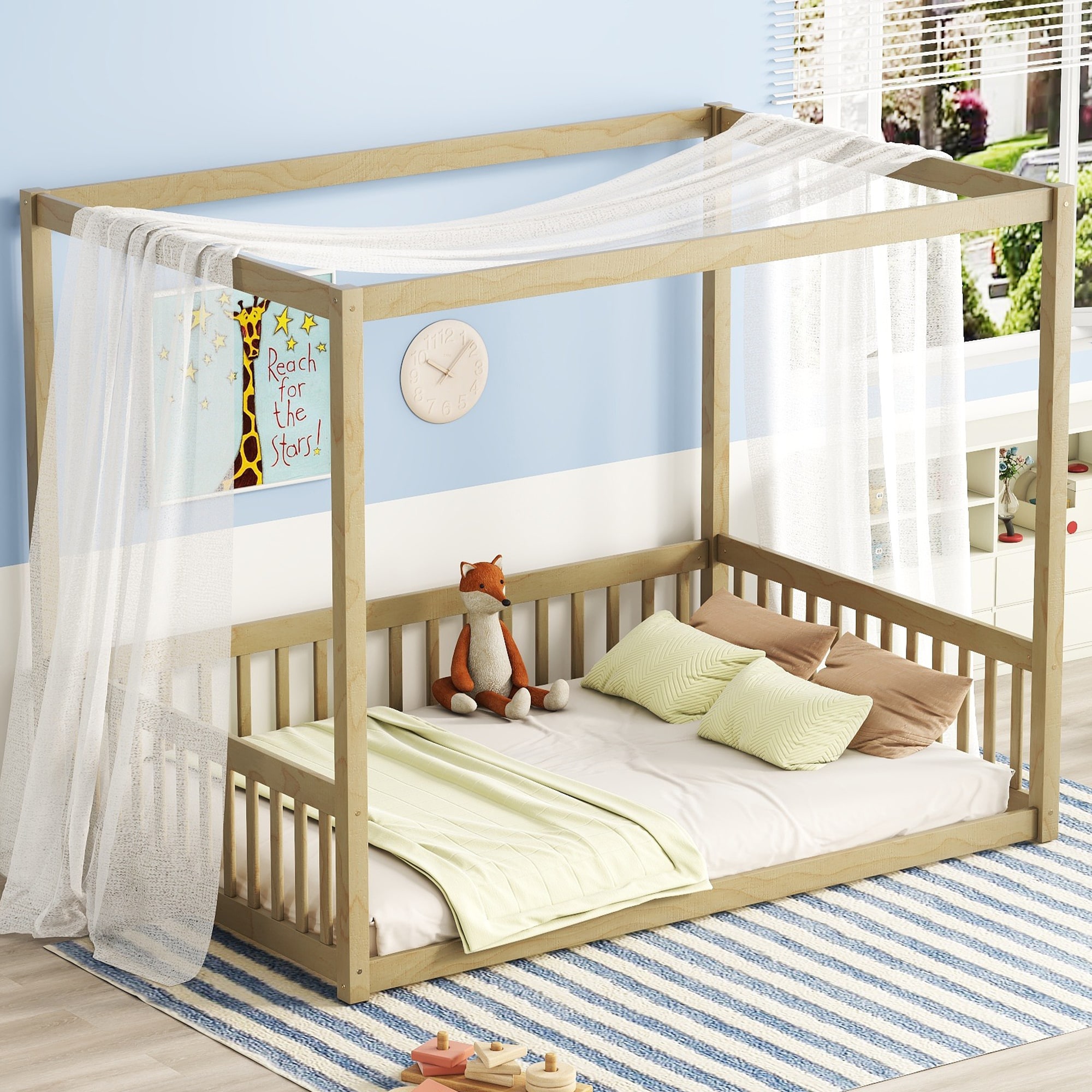 Bayfeve BF-143283-IN Canopy Bed Frame Natural Brown Full Wood Canopy Bed