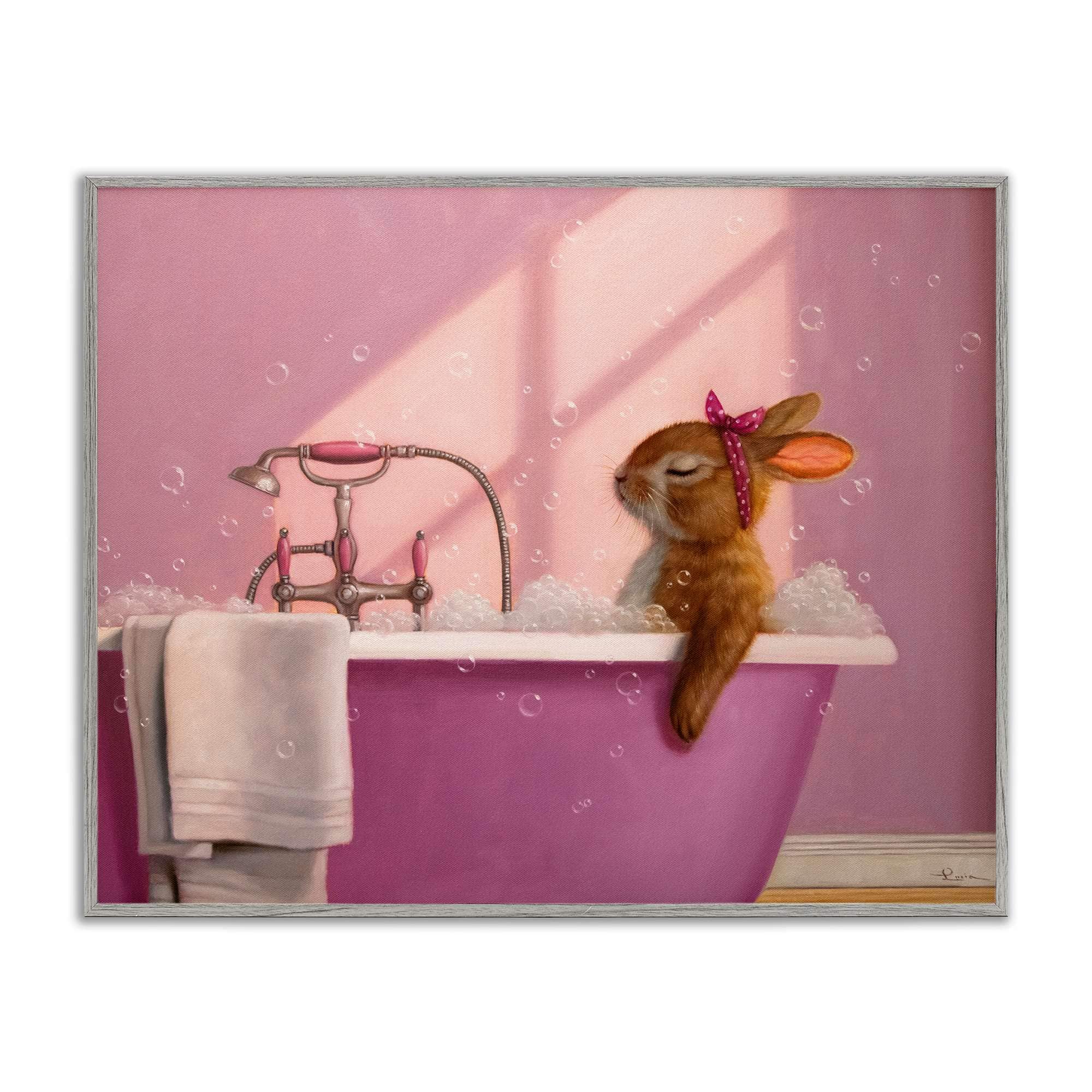 Stupell Industries BS-766-GFF-16X20 Bunny in Pink Relaxing Bath Gray Framed Giclee Art By Lucia Heffernan 20 x 16