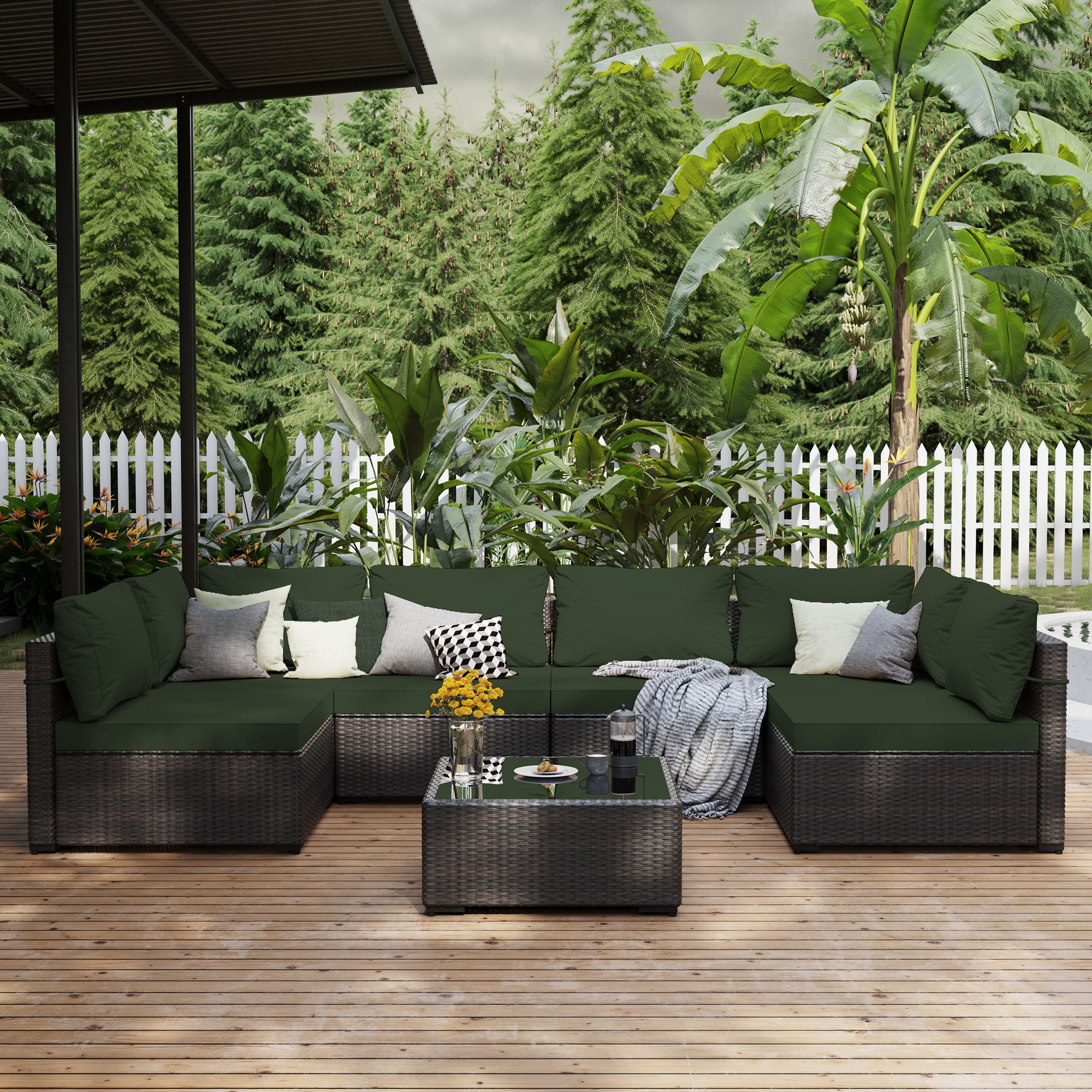 Patio Watcher RT-OD7-B11-3 7 -Piece Rattan Patio Conversation Set with Green Cushions