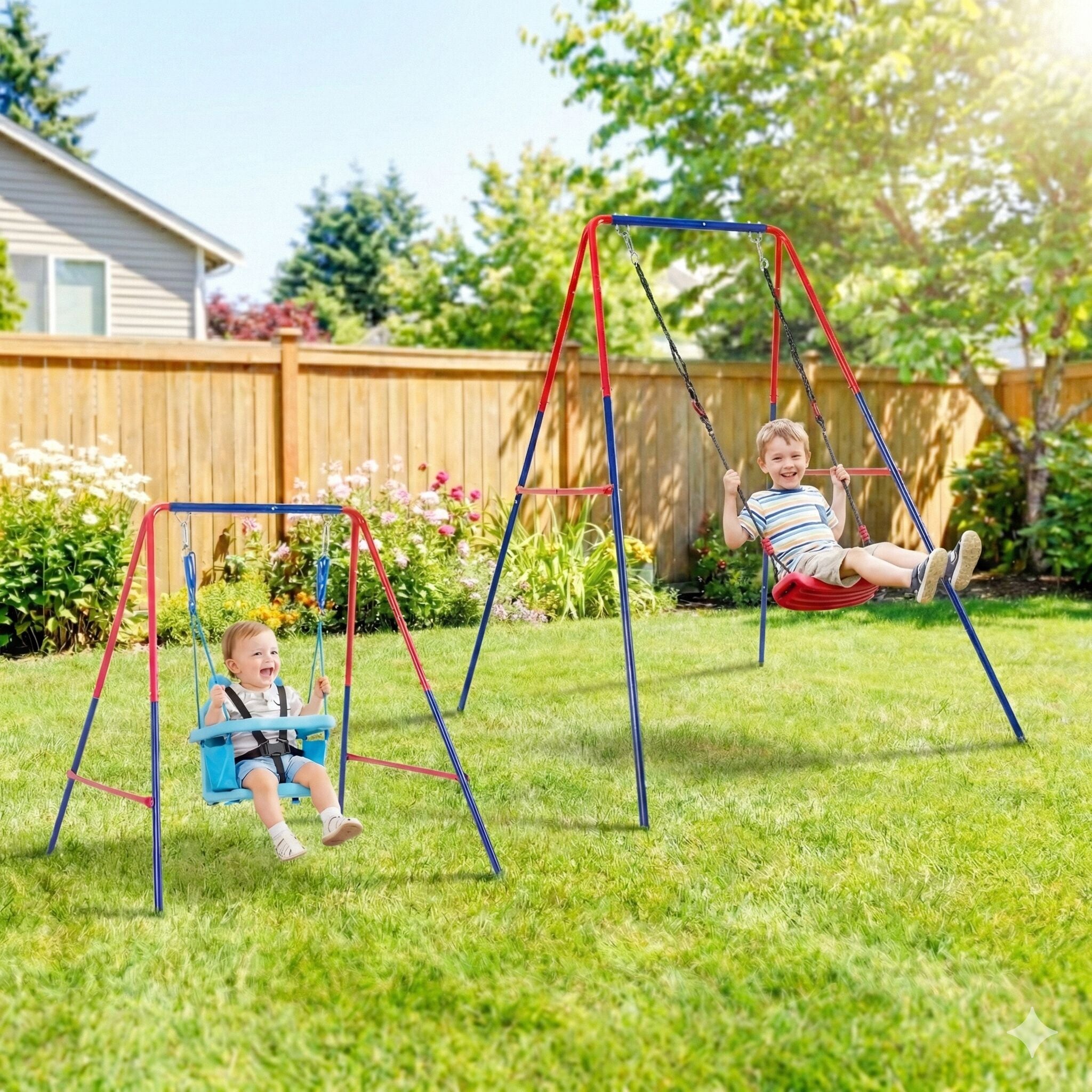 LUXEYARD Green and blue interesting 2 in 1 baby swing mental plastic safe swing set 110lbs for outdoor playground