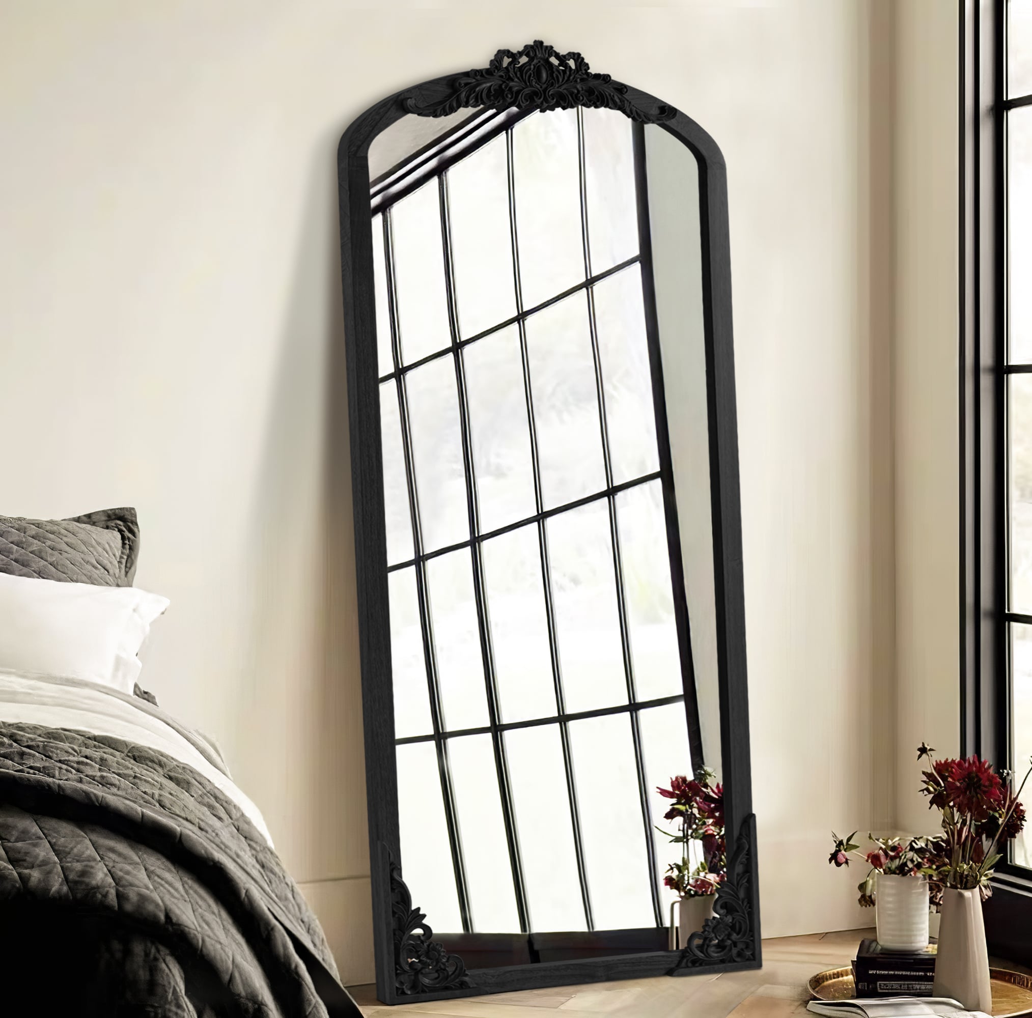 Dovelina - 30-in W x 69-in H Wood Carved Black Arched Full Length Mirror Oversized Mirror