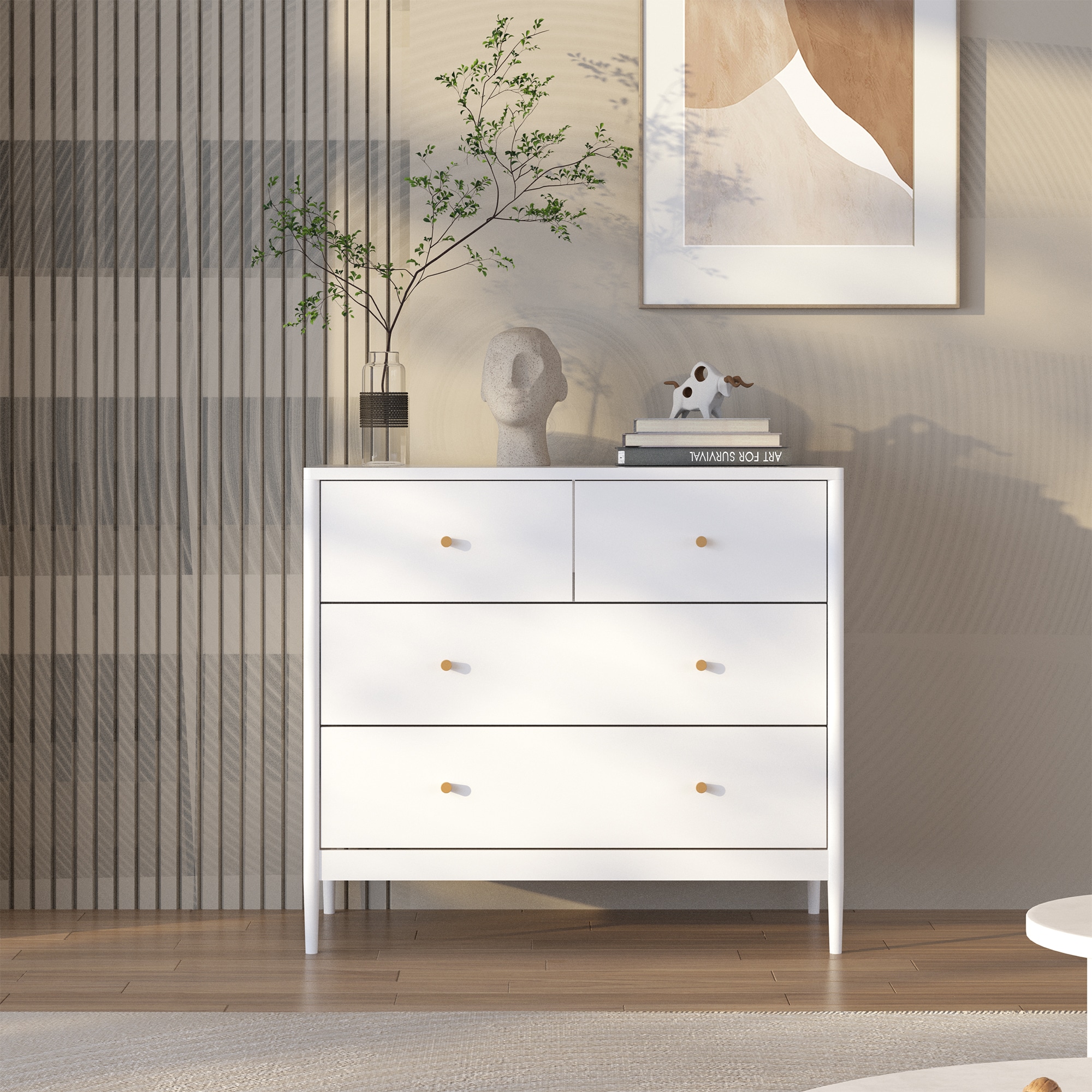 Tatayosi - White 4 Drawer Kids Dresser with Tip Restraint Kit and Antique Brass Pulls 35Inch Wide...