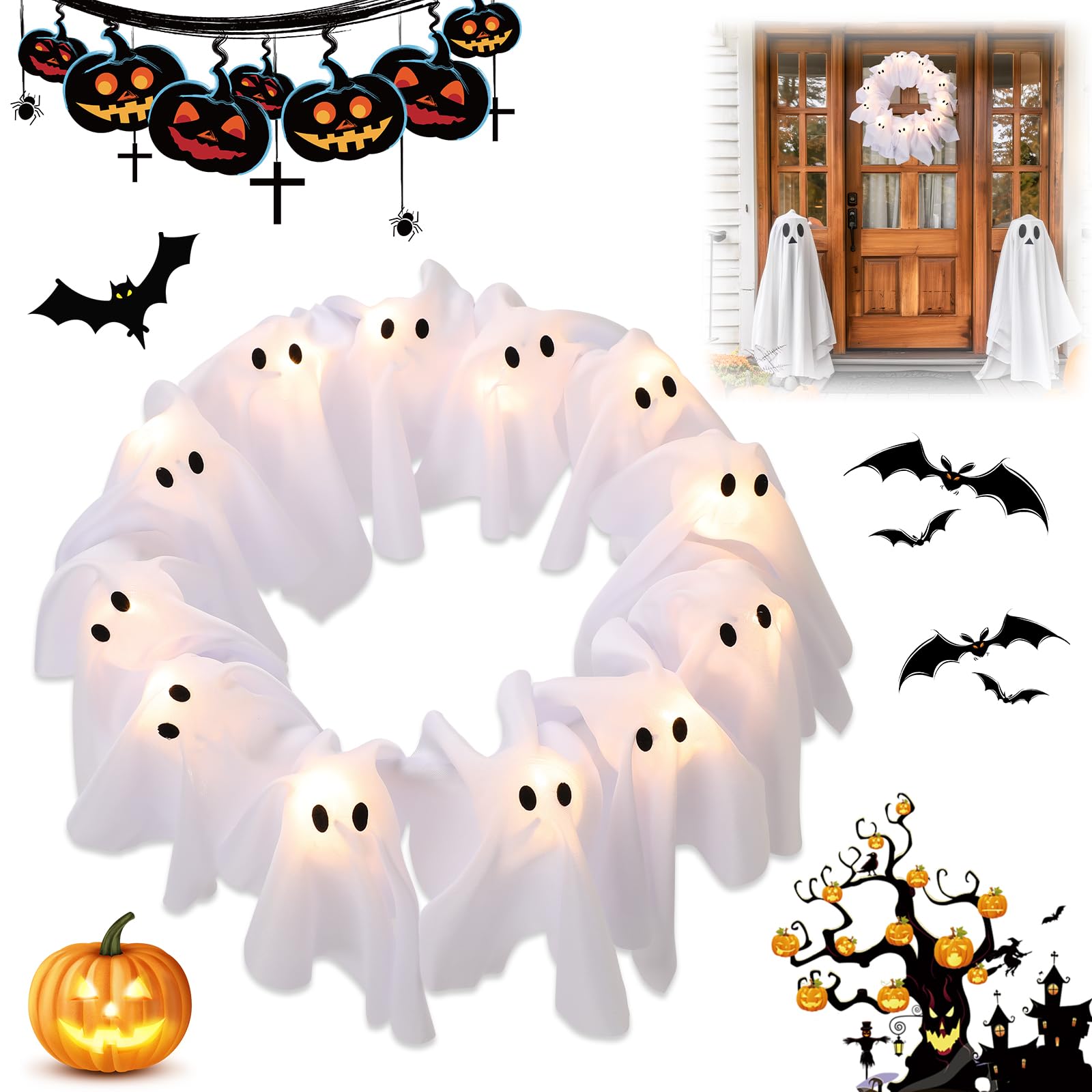 Adrinfly  LED Light Up Halloween Ghost Wreath with 12 Glowing White Ghosts Spooky Indoor and Outdoor Hanging Decoration for Front Door Wall or