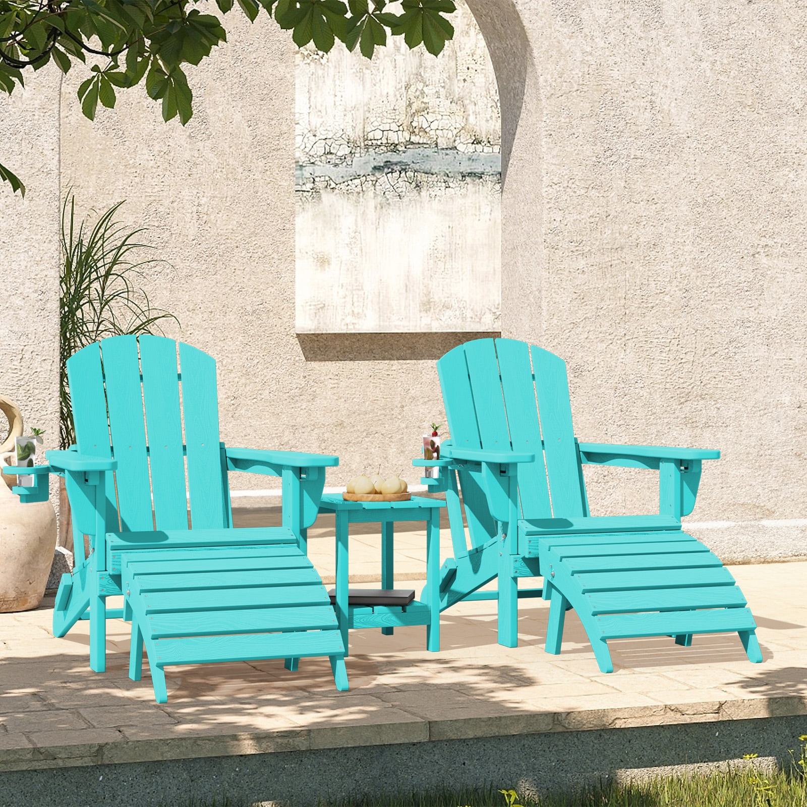VOUA PE5JT-KQ Adirondack Chairs with 2 Foldable Ottomans and Table 5 -Piece Patio Conversation Set