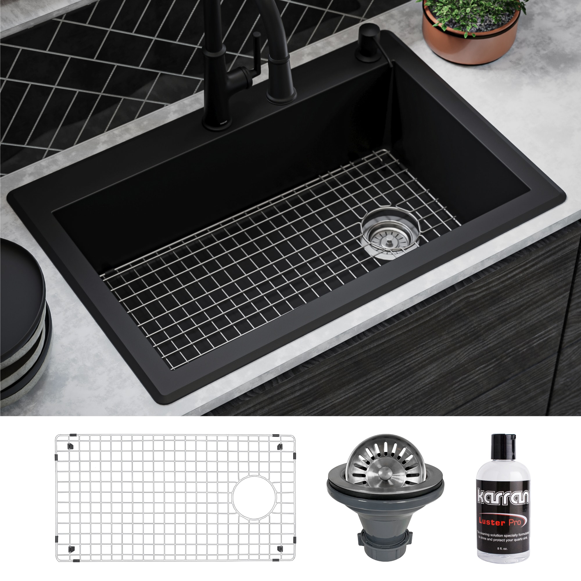 Karran QT-670-BL-PK1 Drop-in 33-in x 22-in Quartz Single bowl 1-Hole Kitchen Sink