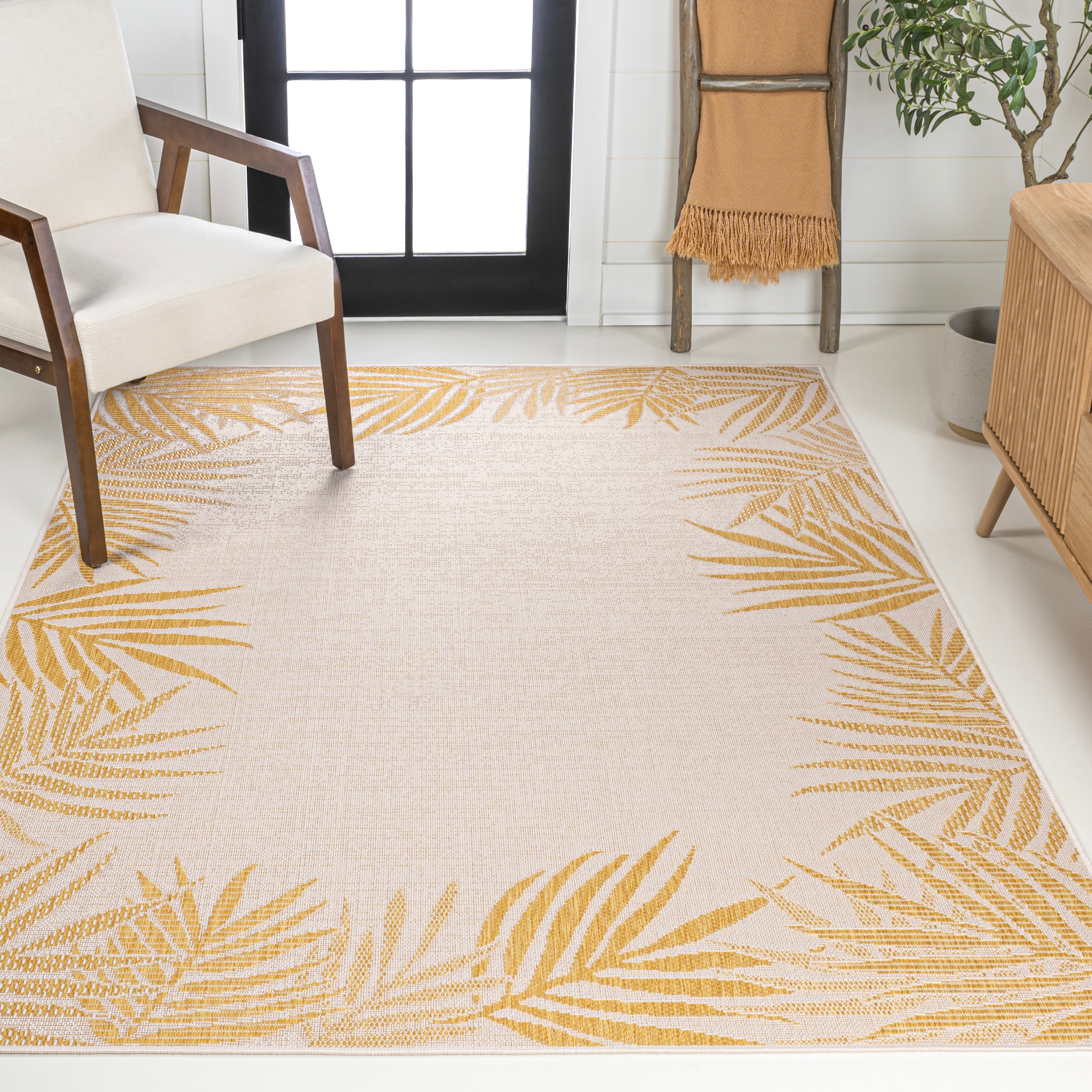 JONATHAN  Y TSN207A-5 TUSCAN SUN Isla Palm Frond 5 x 8 (ft) Loomed Polypropylene Yellow/Cream Rectangular Indoor/Outdoor Floral/Botanical Farmhouse/Cottage Area rug
