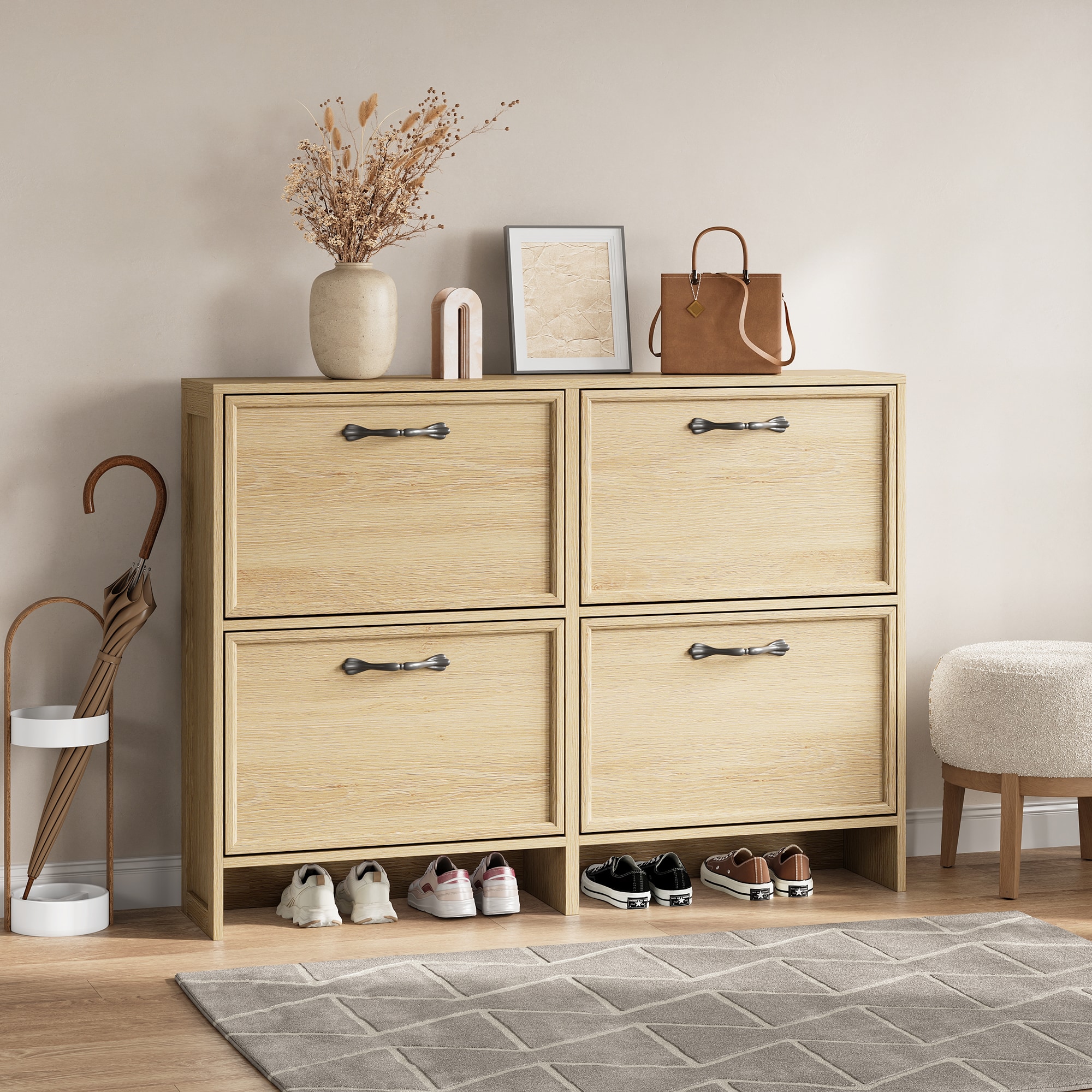 IdealHouse Slim Shoe Cabinet 4 Turnover Drawers Hidden Shoe Storage Organizer Freestanding Entryway Hallway Adjustable Shelf Anti Tip Kit Light Natural Wood Color