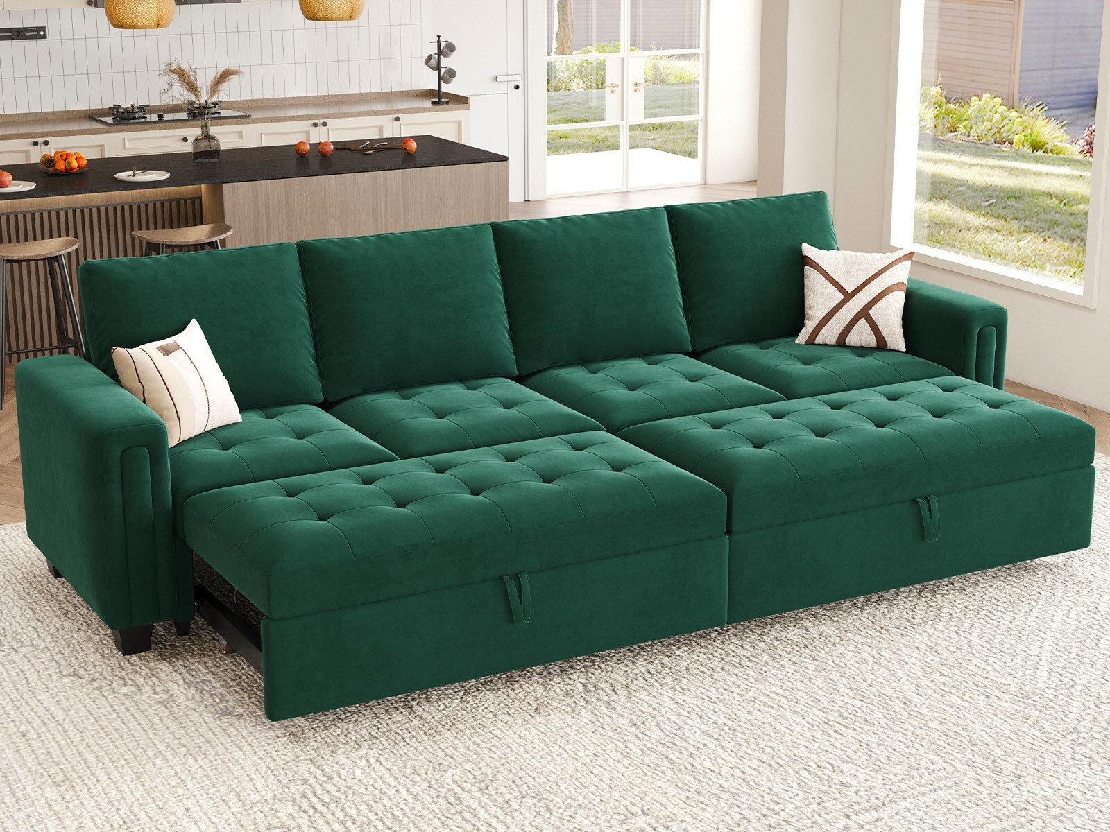 Belffin BF067-A2G-GREEN 4 Seats Modular Velvet Tufted Pull-out Sofa