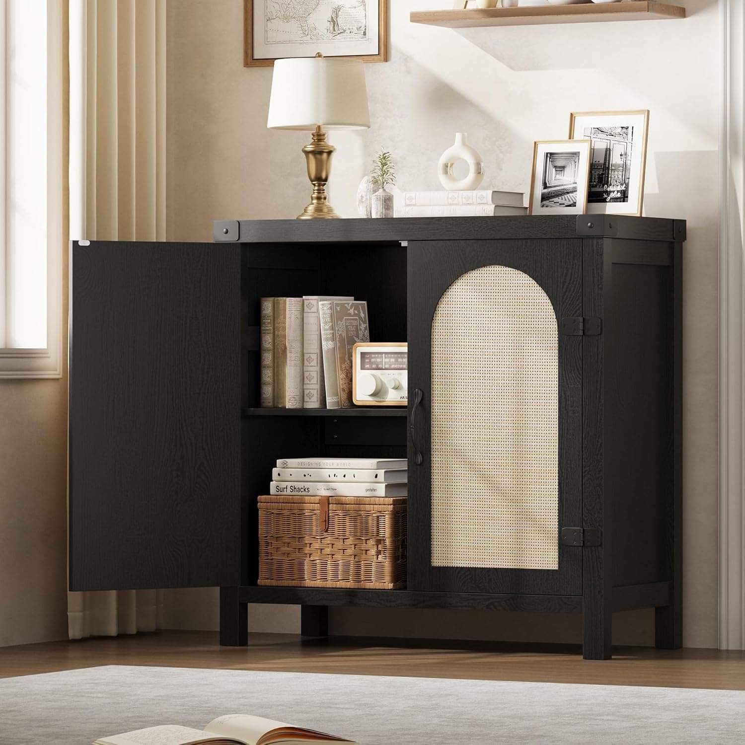 Garvee Sideboard Buffet Cabinet  Accent Cabinet with Shelves and Strong Wood Legs  Farmhouse Storage Cabinet with Rattan Doors  Small Console Cabinet for Bedroom  Living Room  Entryway  Black