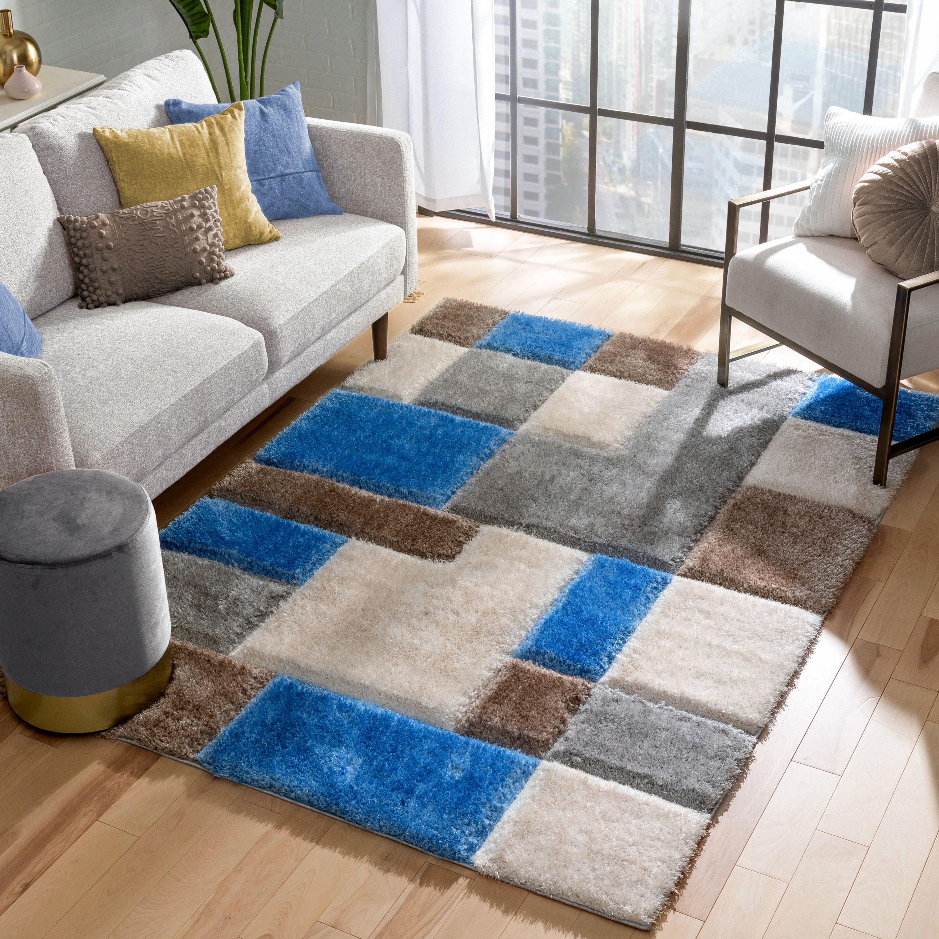 San Francisco Blue and Gray Geometric Shag Rug 8' x 10'