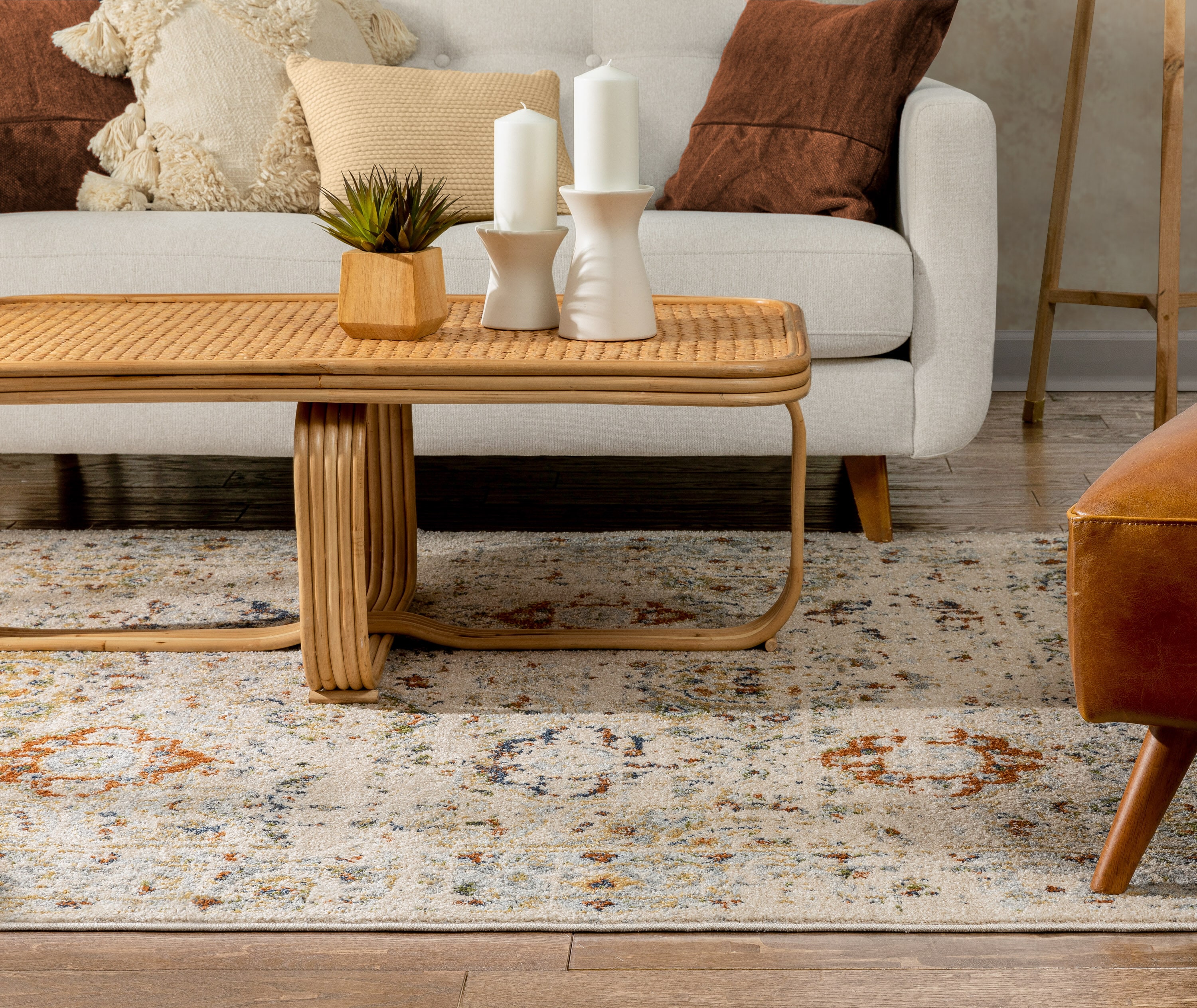 Cream and Red Distressed Vintage Rectangular Area Rug