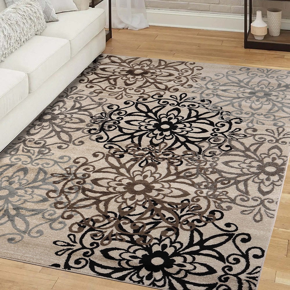 Beige Floral Medallion Polypropylene Area Rug with Jute Backing