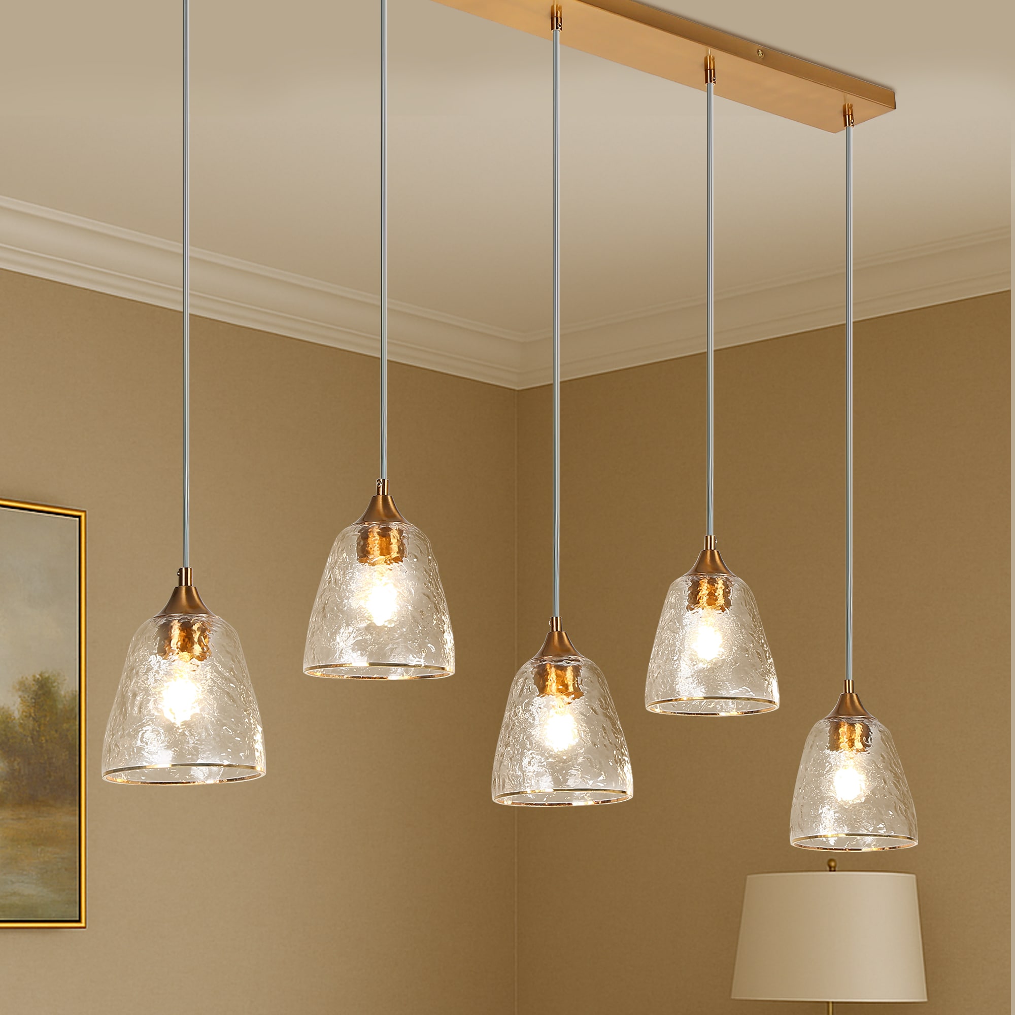 LNC HA05225 Dolohovstrout 5 -Light 45.2'' Oversize Polished Gold and Textural Glass Glam Textured glass Bowl Large Hanging Kitchen island light
