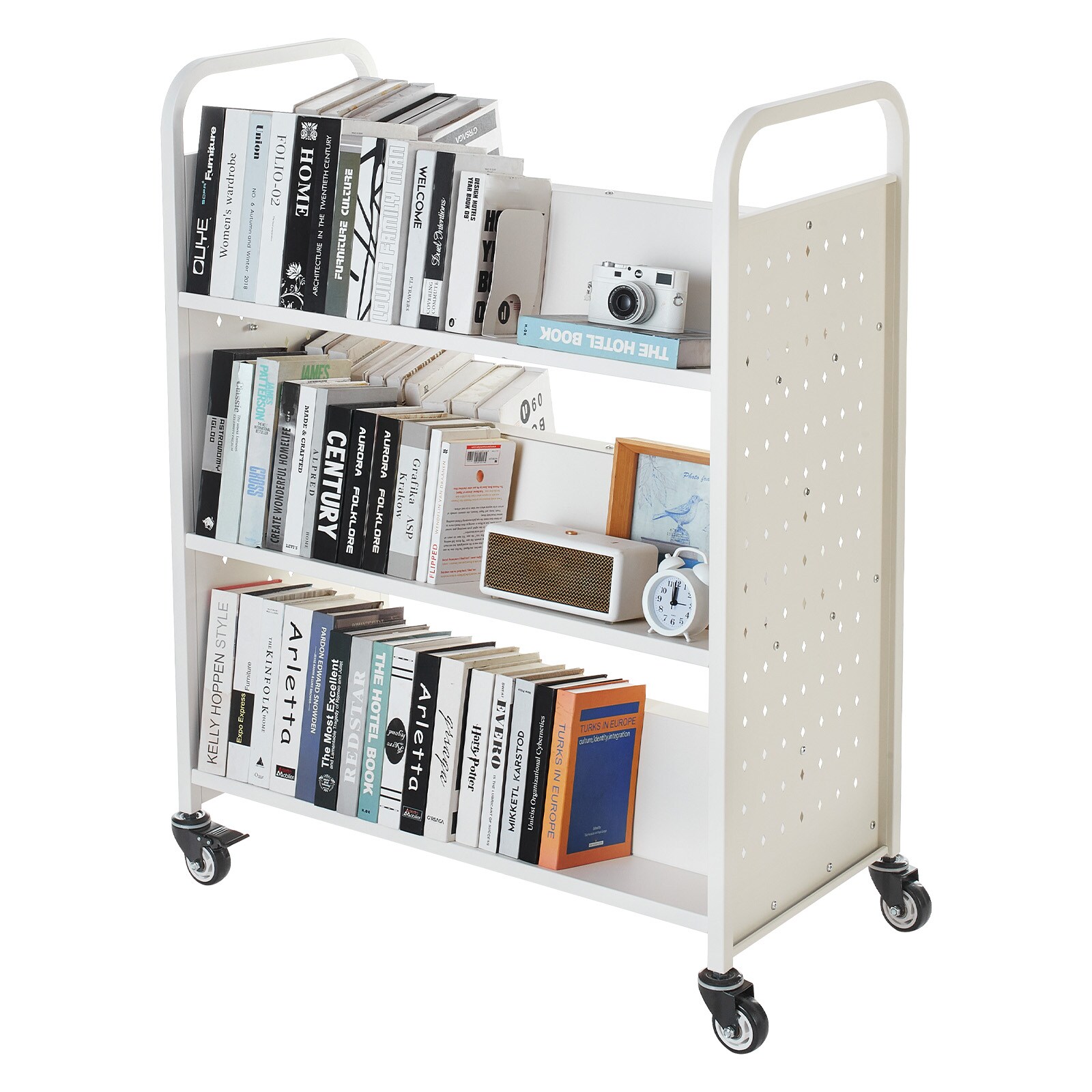 LUXEYARD 3-Tier Rolling Book Cart Double Sided W-Shaped Shelves Book Truck in White