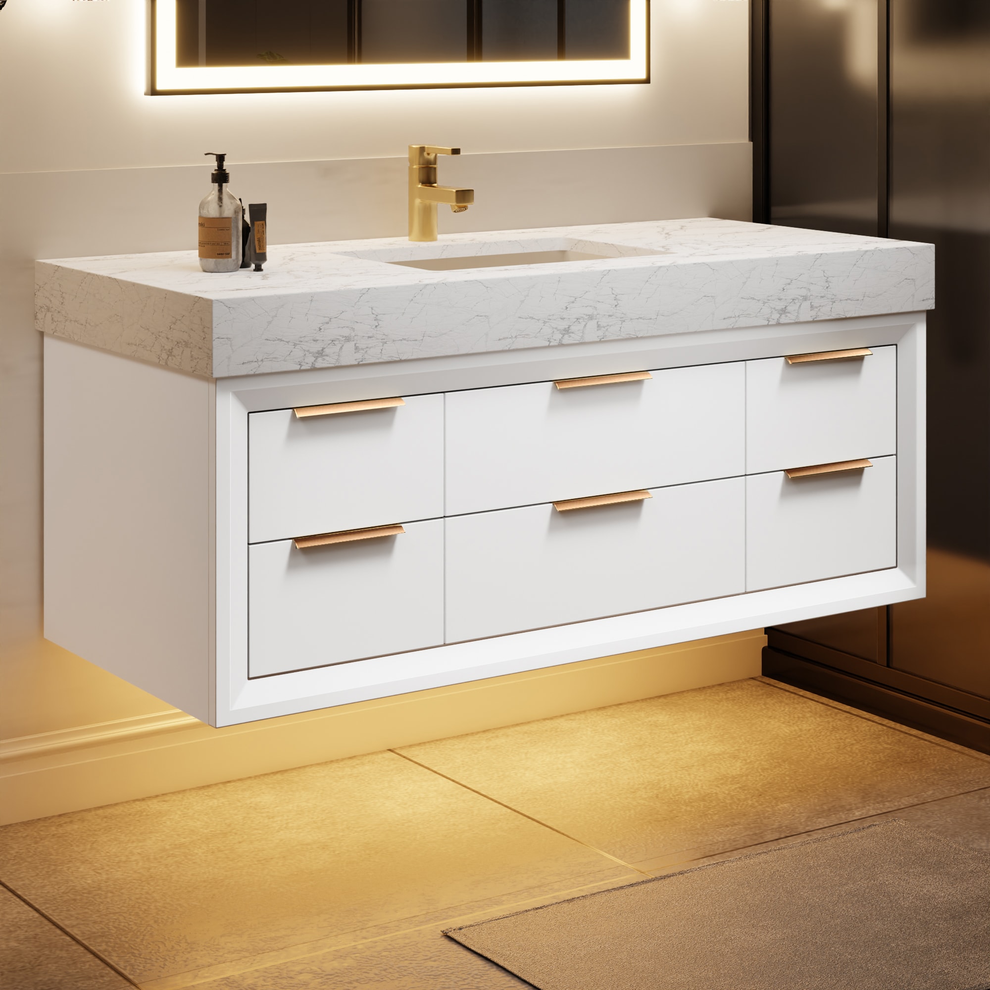 ExBrite XB4821V9WH 48-in White Undermount Single Sink Floating Bathroom Vanity with White Engineered Stone Top