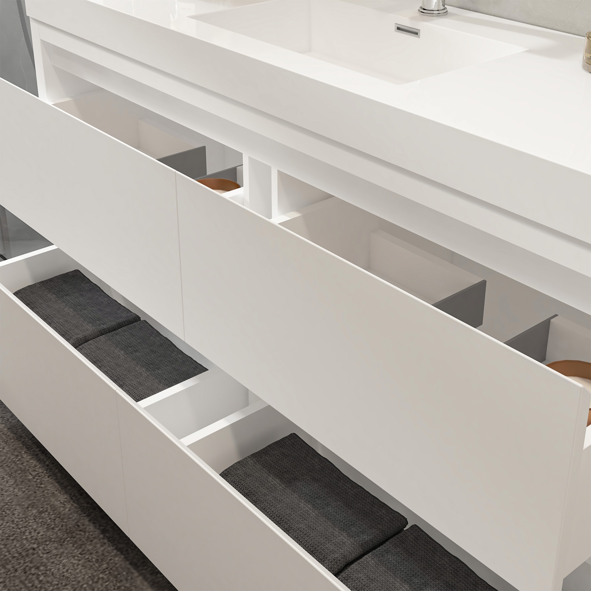 Glossy White 60-Inch Single Sink Bathroom Vanity with Resin Top