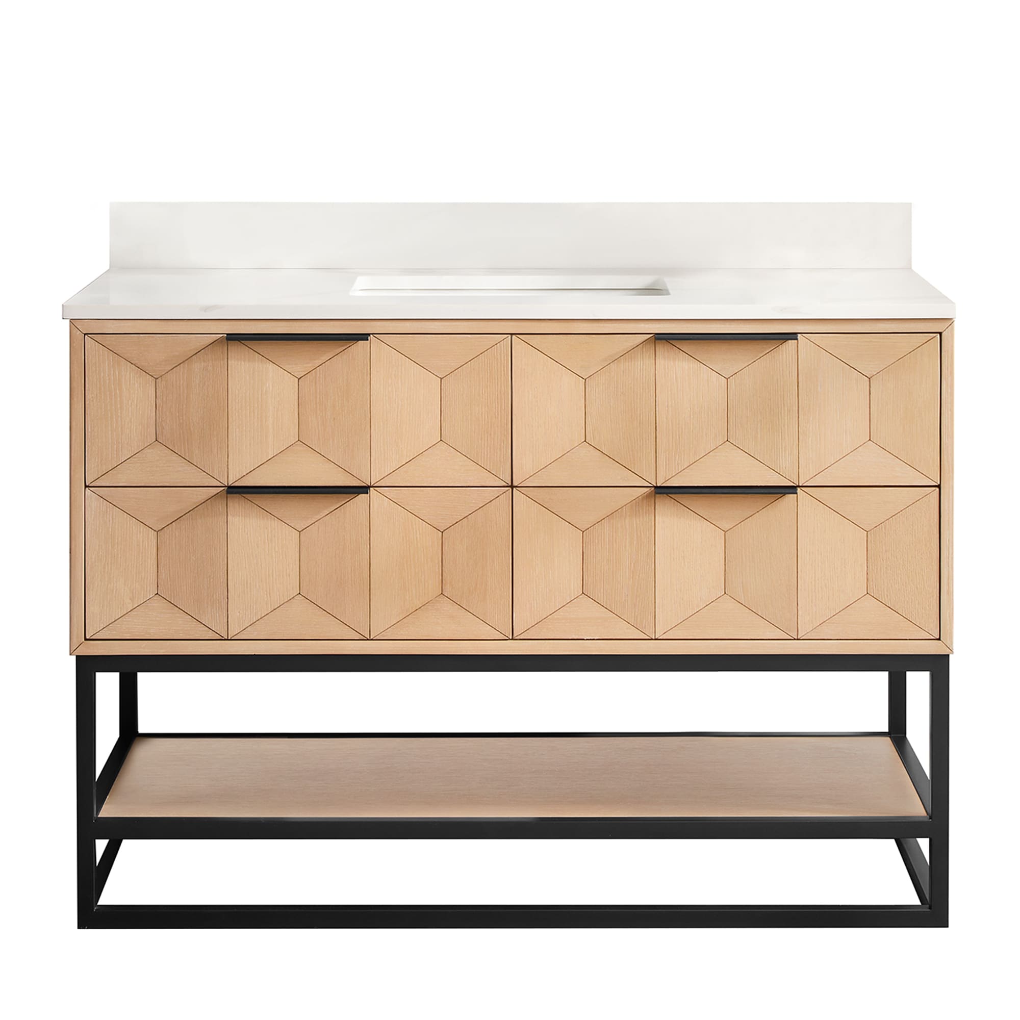 Vinnova 705948B-WA-BK-NM Milagro 48G in. Free-standing Single Bath Vanity in Washed Ash Grey with Fish Maw White Quartz Stone Top and Mirror
