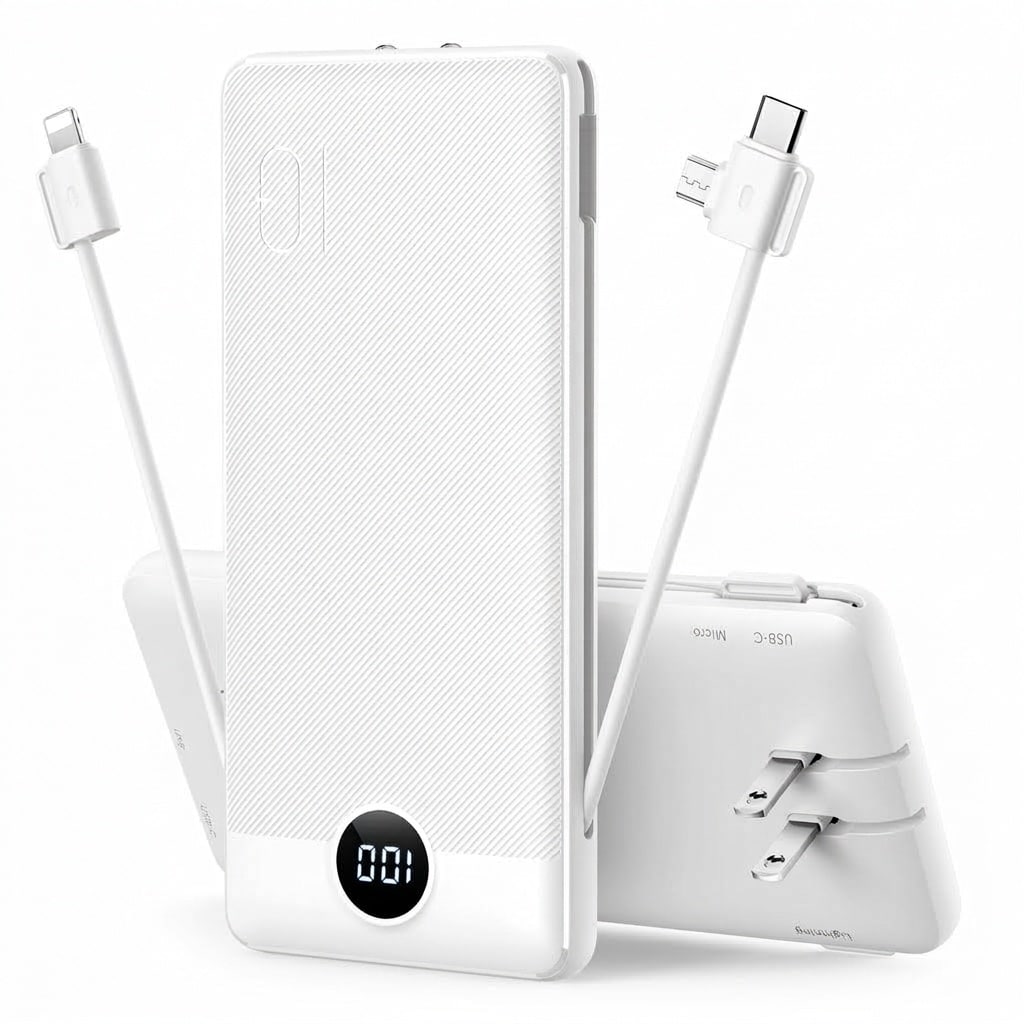 Oyezvary 1 Pack 10000mAh Ultra Slim Portable Charger with Built in AC Plug and Cables Charges 4 Devices at Once Compatible with iPhone Samsung Android 0.72 in Thick White #LOZ0429F30