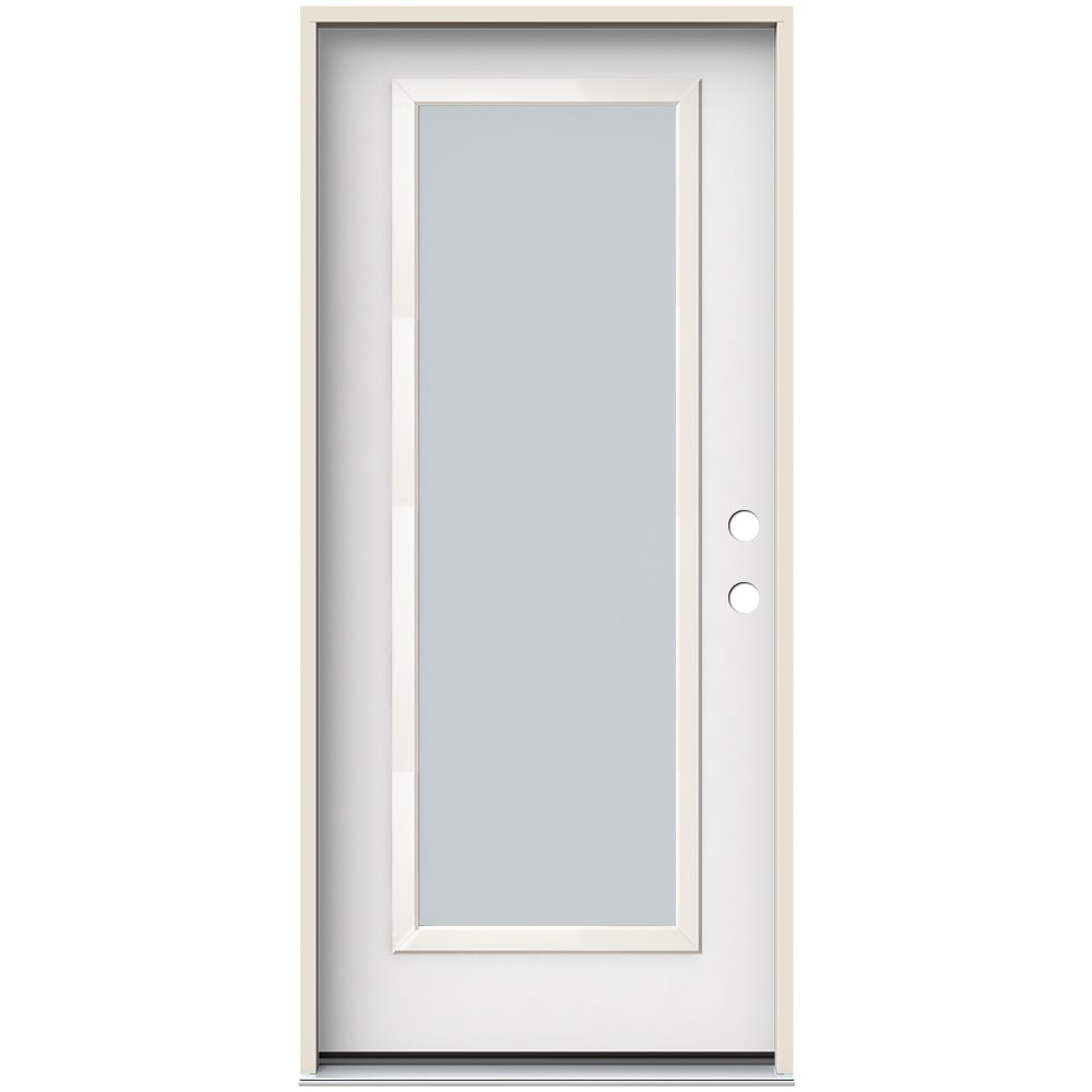 JELD-WEN LOWOLJW231300760 Frosted 36-in x 80-in x 4-9/16-in Fiberglass Full lite Left-hand inswing Modern White Painted Prehung Front Door with Brickmould Insulating core