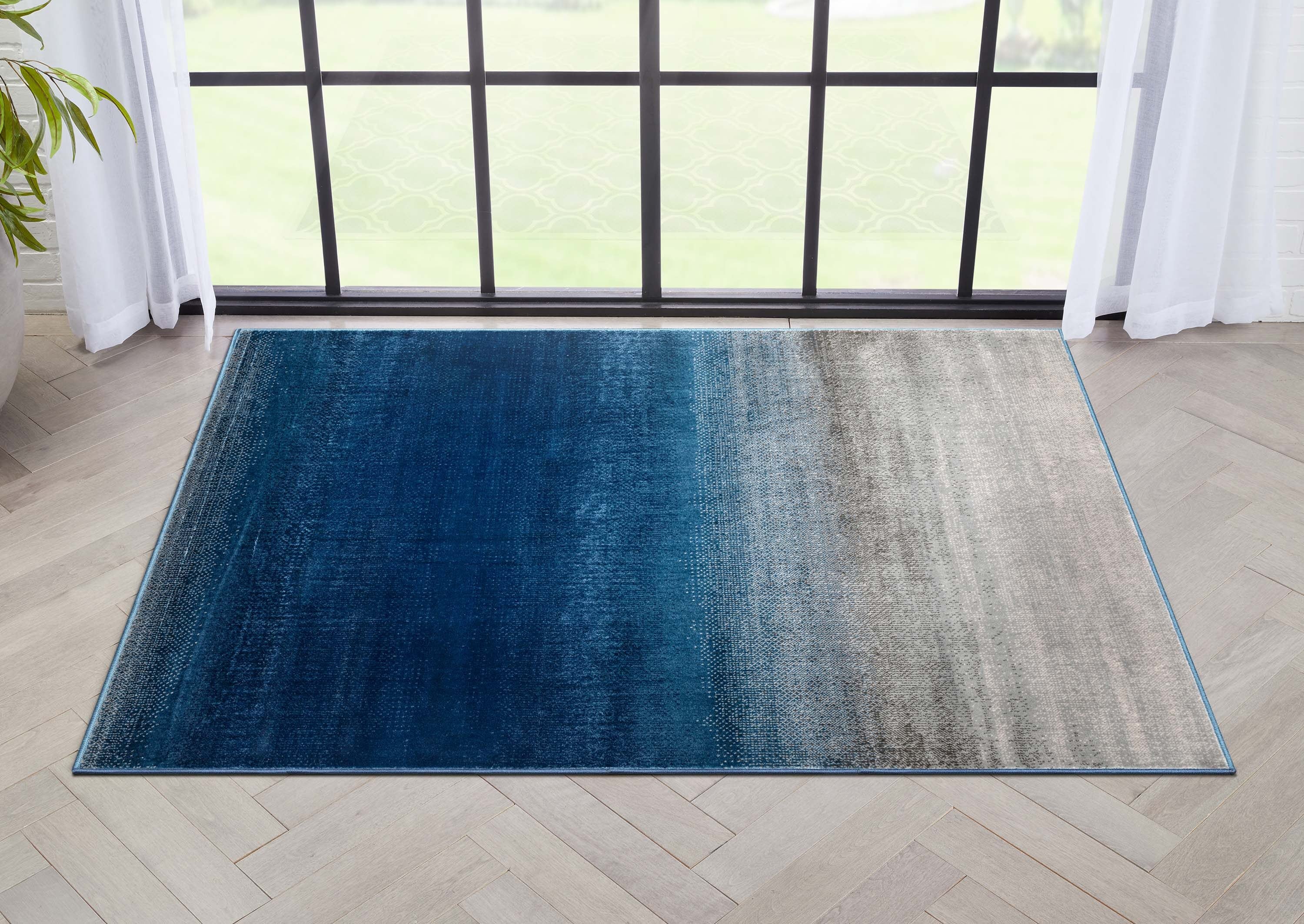 Blue and Gray Rectangular Stain-Resistant Synthetic Rug