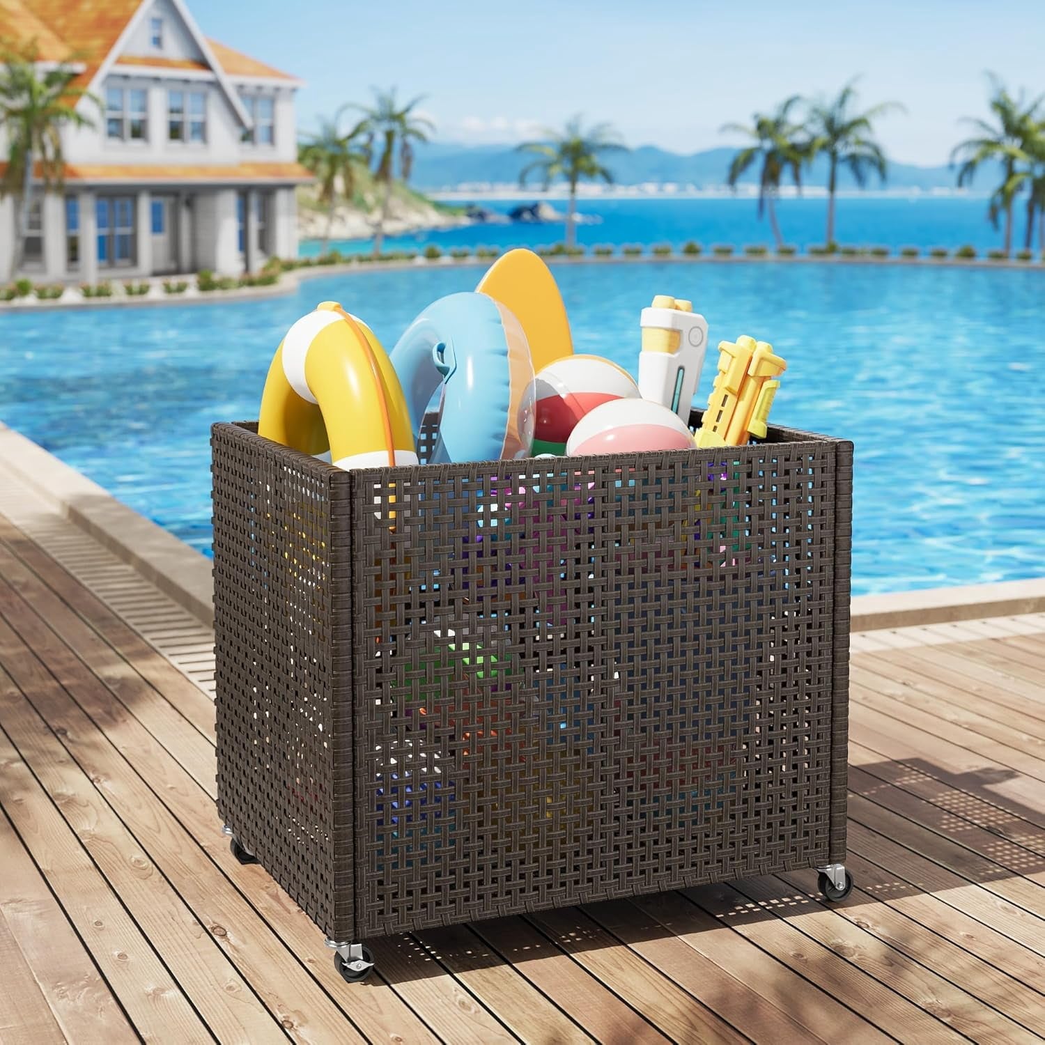 PE Rattan Outdoor Storage Basket- Breathable Rattan Storage Bin for Patio Garden Tools Toys Gray