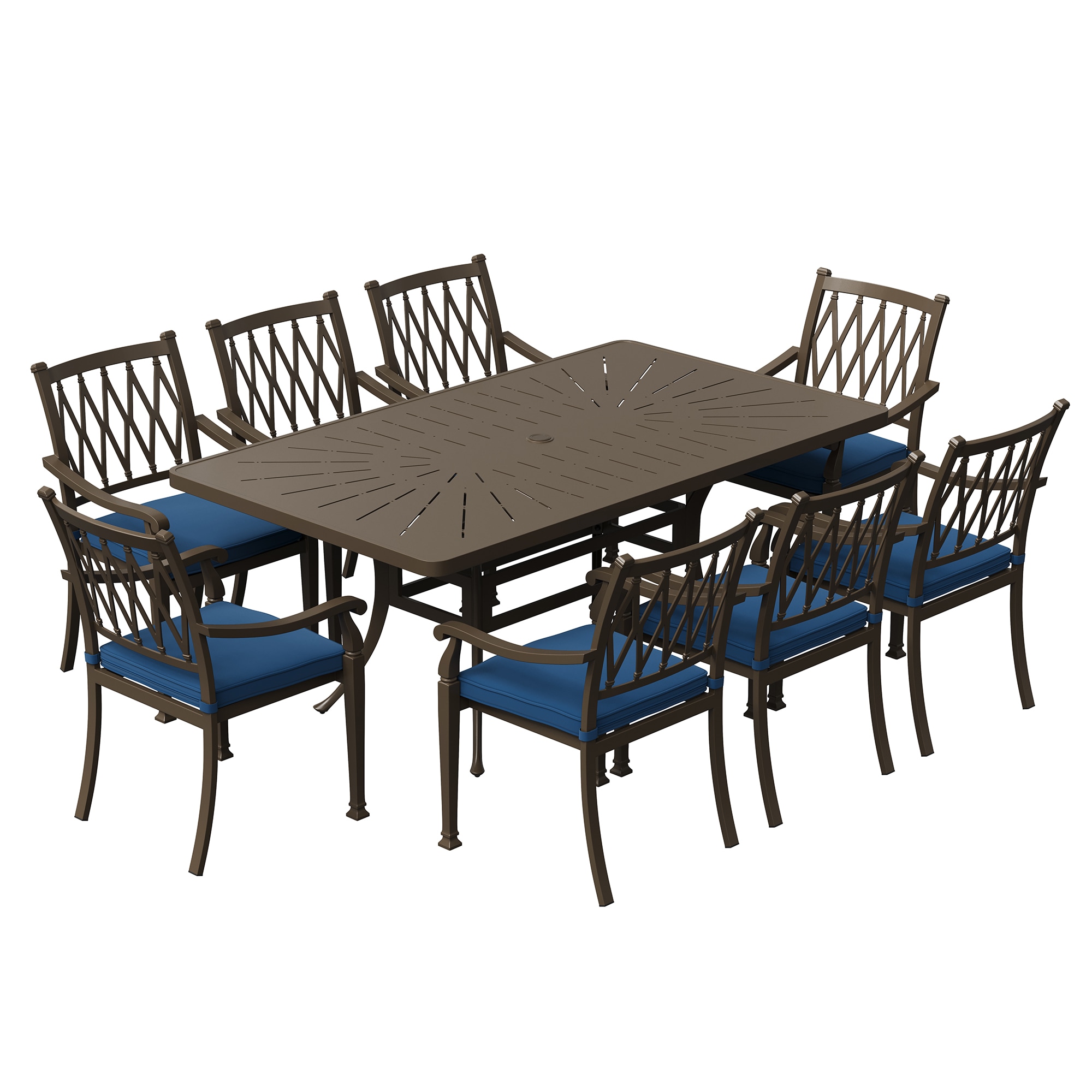 Clihome CL-LD72CT9PS-BU 9-Piece Cast Aluminum Patio Dining Set 9 -Piece Brown Patio Dining Set Aluminum Rectangle Table with 8 Blue Cushions Stationary Chairs