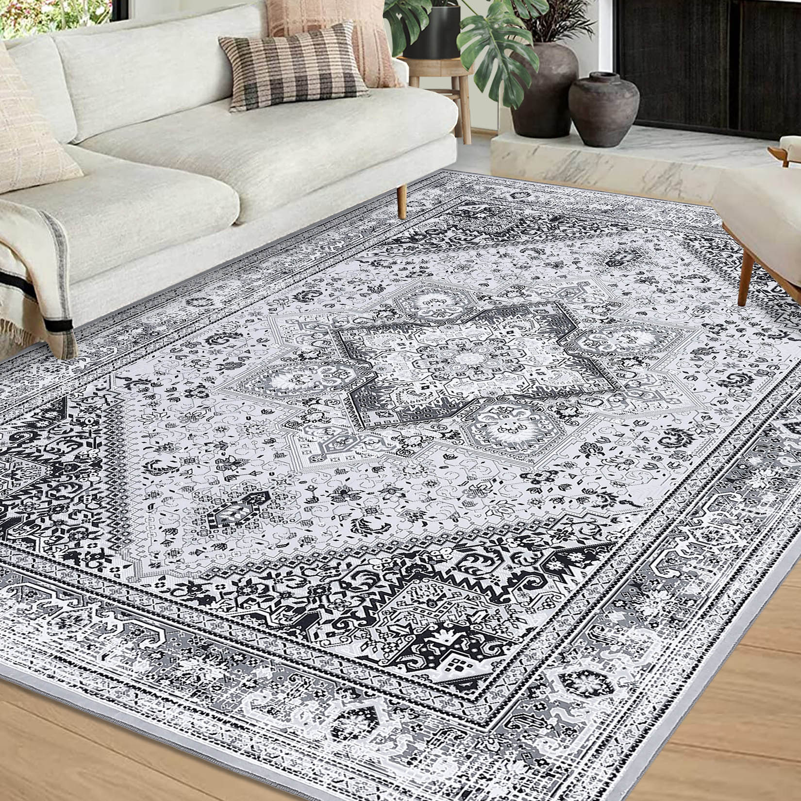 Garvee YXY-LO-PHO-0YZMAOFL 9 x 12 (ft) Loomed Gray Rectangular Indoor Geometric Persian Machine washable Pet Friendly Area rug