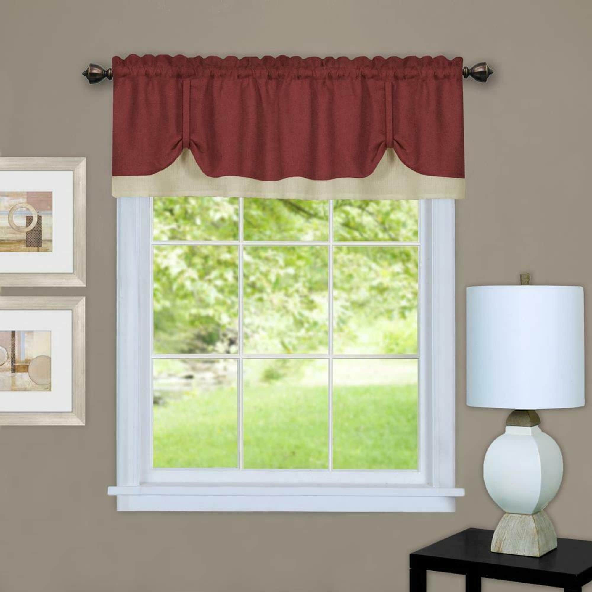 KATE AURORA Country Farmhouse Flax Linen Tie Up Window Valance 58 in W x 14 in L Burgundy