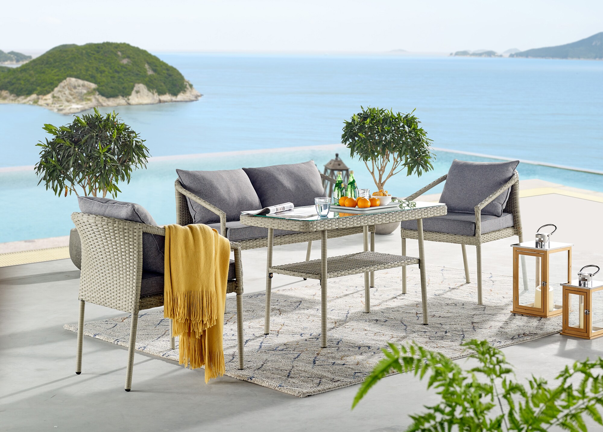 Light Gray All-Weather Wicker Outdoor Cocktail Table with Glass Top