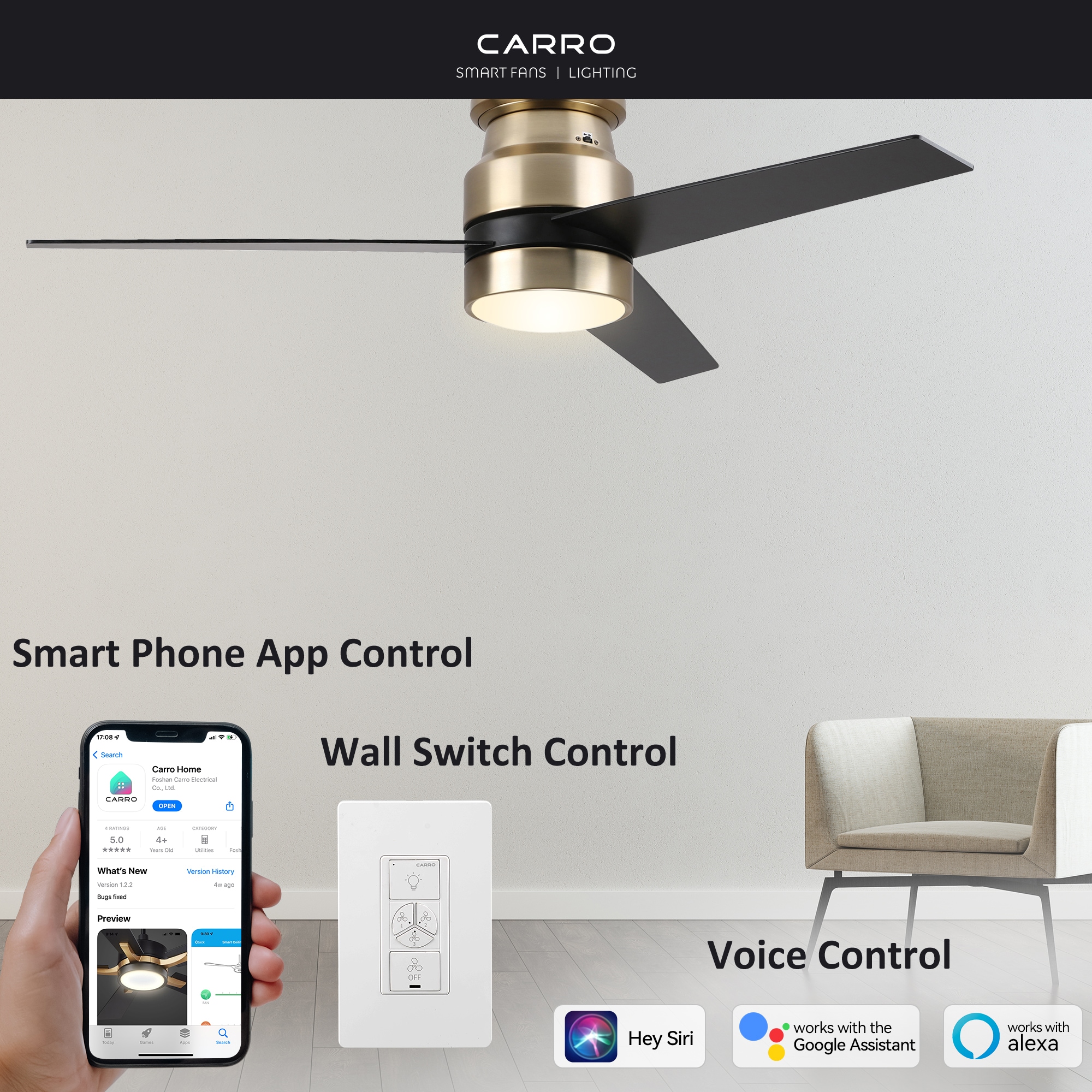 CARRO USA Ranger 52-in Gold with Black Blades Indoor Flush Mount Smart Ceiling Fan with Light (3-Blade) LWGS-523B-L11-G2-1 Sansujyuku sansujyuku.com