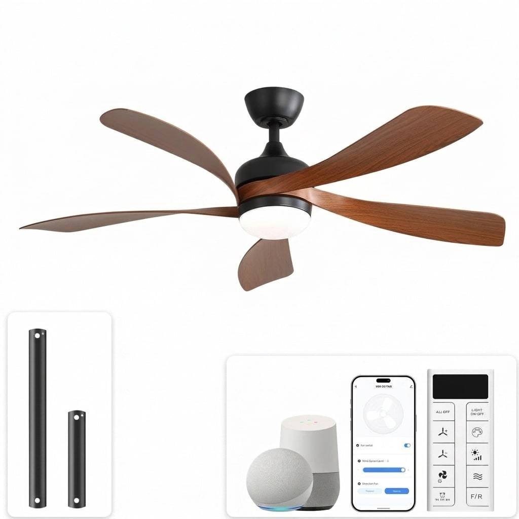 Etokfoks  52 in Black Wood Indoor Outdoor Ceiling Fan with LED Light Remote 3 Color 6 Speed Reversible DC Motor Alexa Google