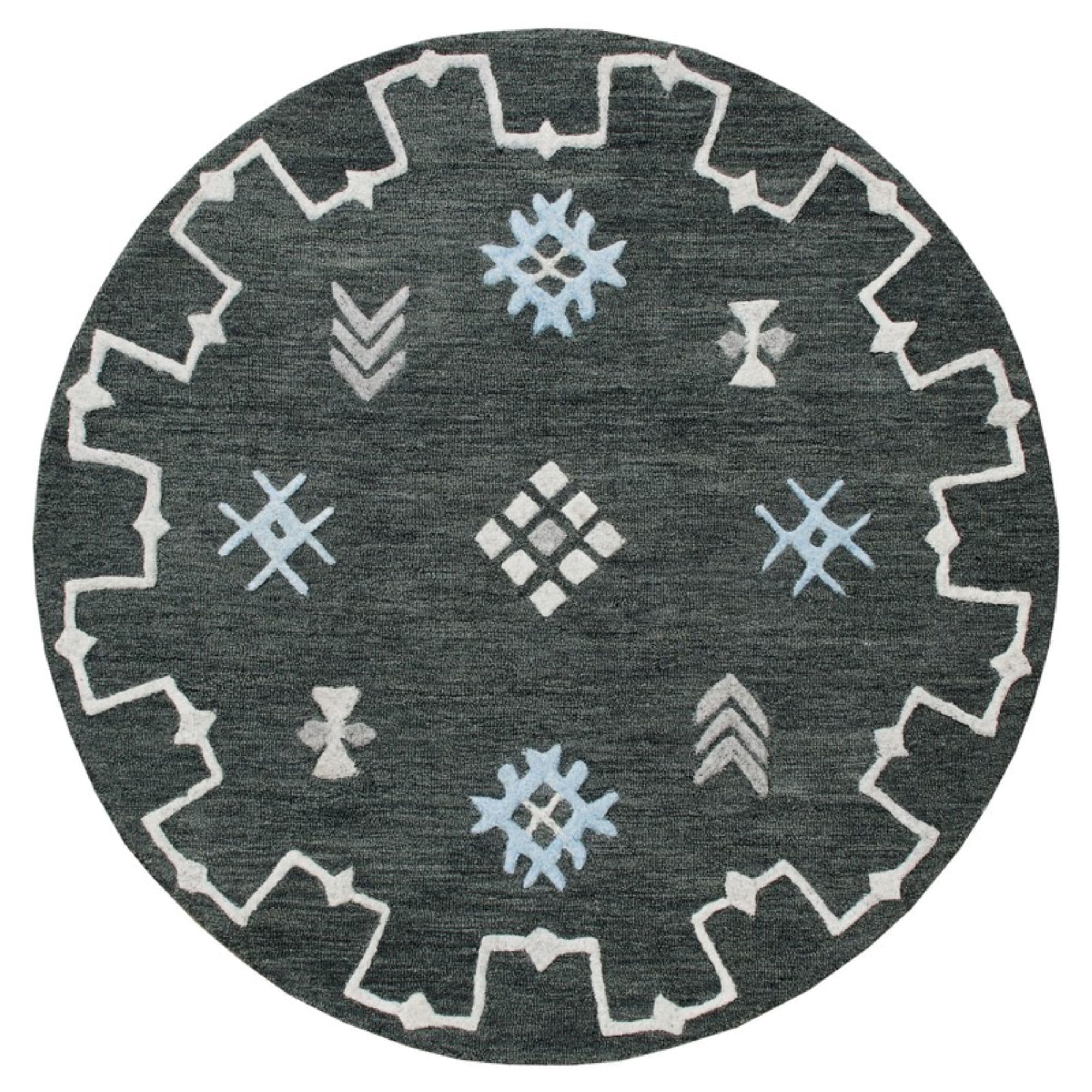 Artisan Geometric Blue & Charcoal 5' Round Wool-Viscose Rug