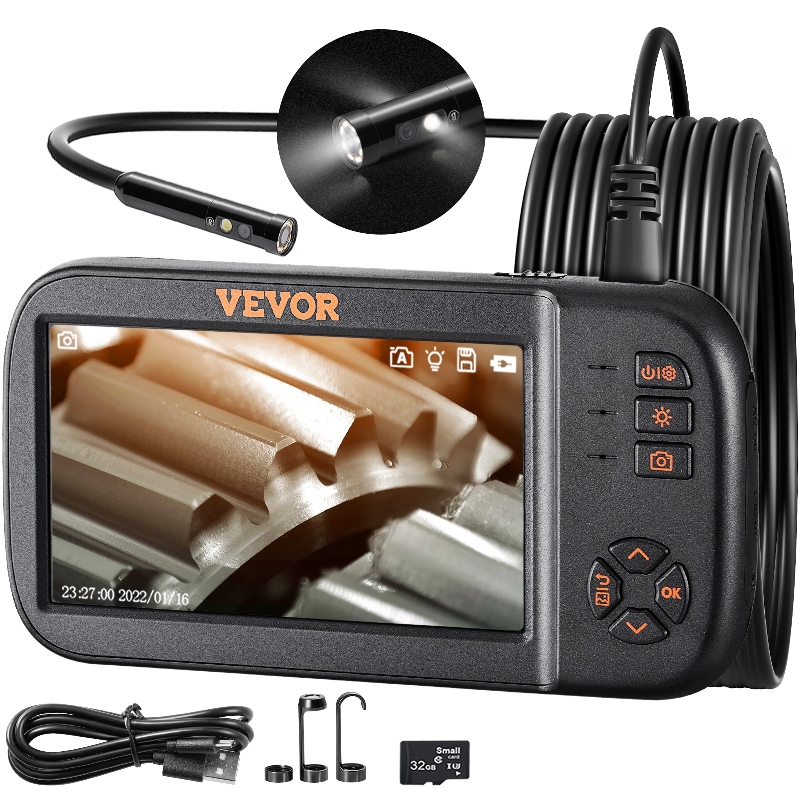 VEVOR 3 Lens Industrial Endoscope, 1080p Hd Digital Borescope Inspection  Camera 4.5-in Ips Screen Ip67 Waterproof Snake Camera with 8 LED Lights,  16.5ft Semi-rigid Cable, 32gb Card and Helpful Tool in the