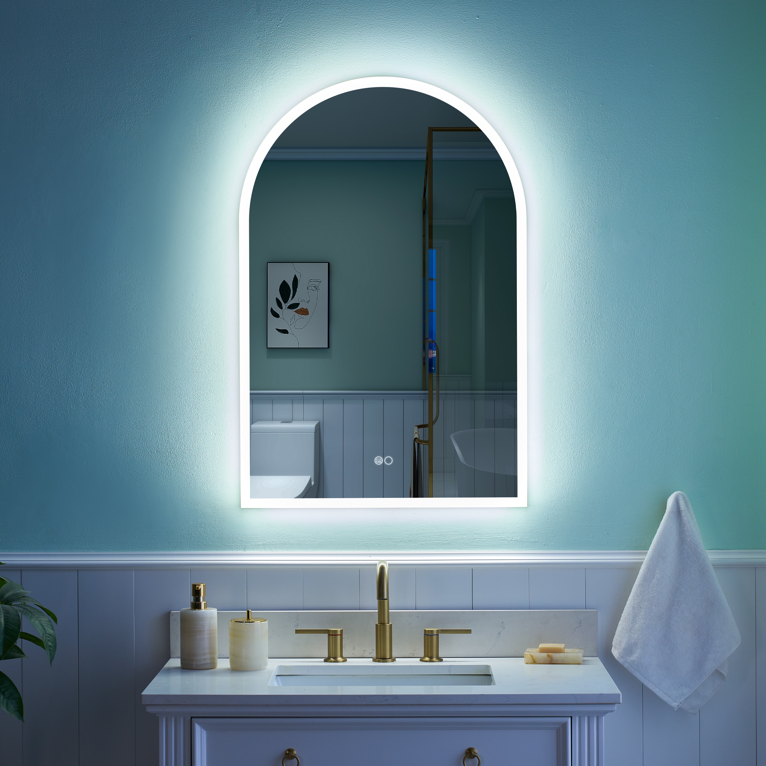 WELLFOR M1FM4032MB W10AR 24-in x 36-in Framed Frameless Arch Dimmable LED Lighted Fog Free Bathroom Vanity Mirror ( Silver )