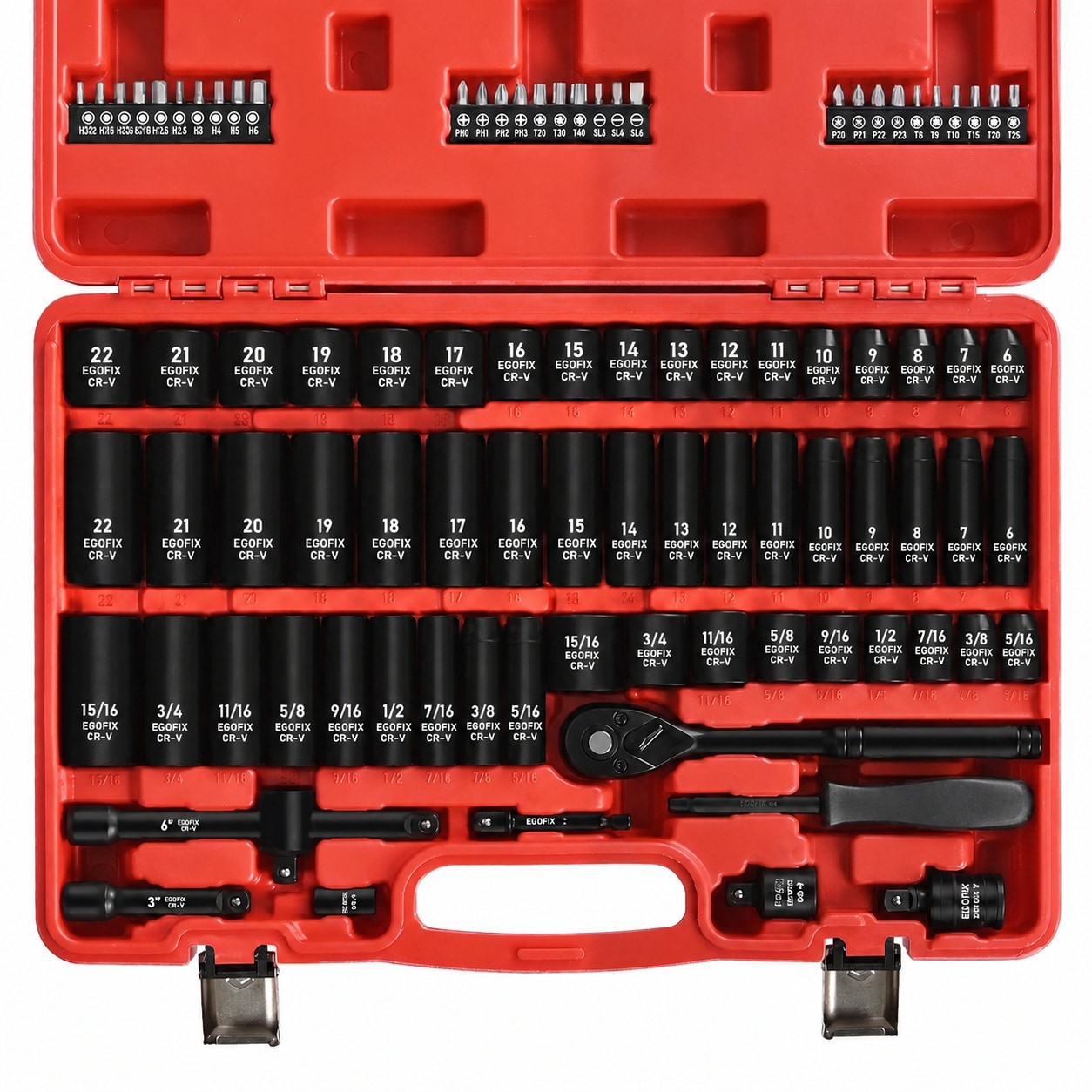 Justincity  90 Piece 3 8 Drive Impact Socket Set Metric 6 to 22mm and SAE 5 16 to 15 16 Inch 6 Point with 72 Teeth Ratchet Wrench Extension Bars