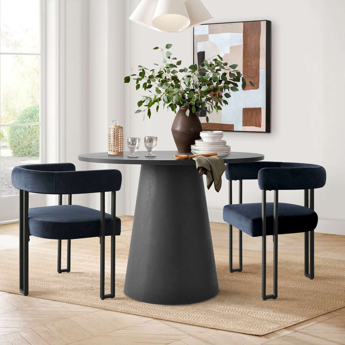 Maison Boucle DWEN-BK+MIA-BLUE 3 Piece Pedestal Dining Table Set with 35 Inch Round Table and 2 Blue Upholstered Chairs for Kitchen