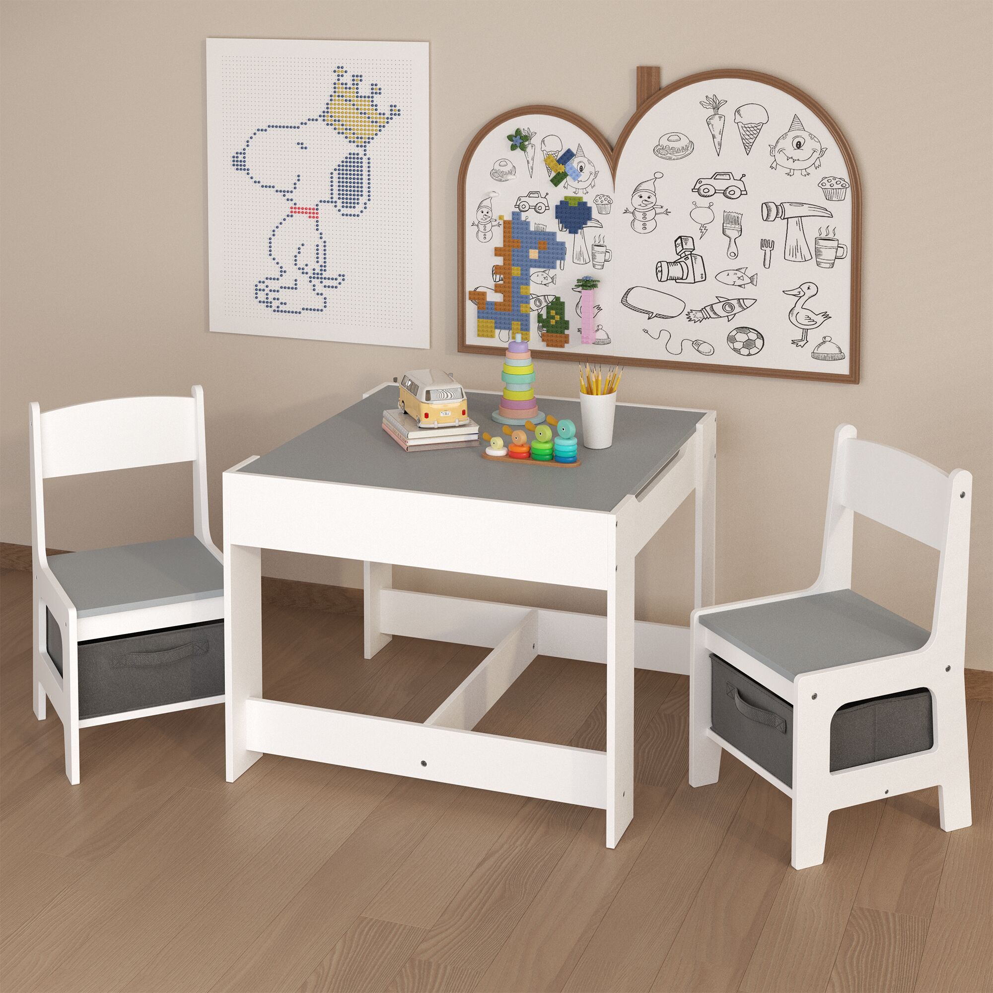 LUXEYARD Kids Table and Chair Set 3 in 1 Wooden Activity Table with ...