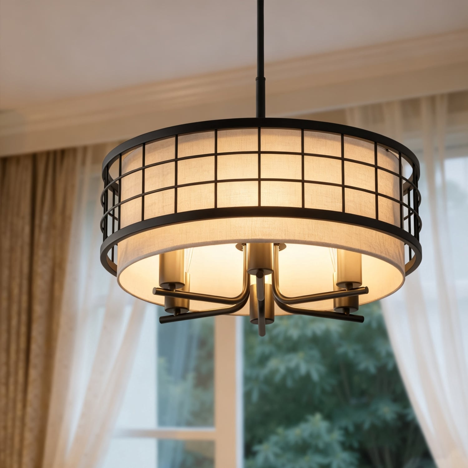 DORESshop 19.7 in 6 Light Height Adjustable Chandelier Black Metal with White Fabric Shades Drum Pendant Light for Dining Room Living Room or Foyer