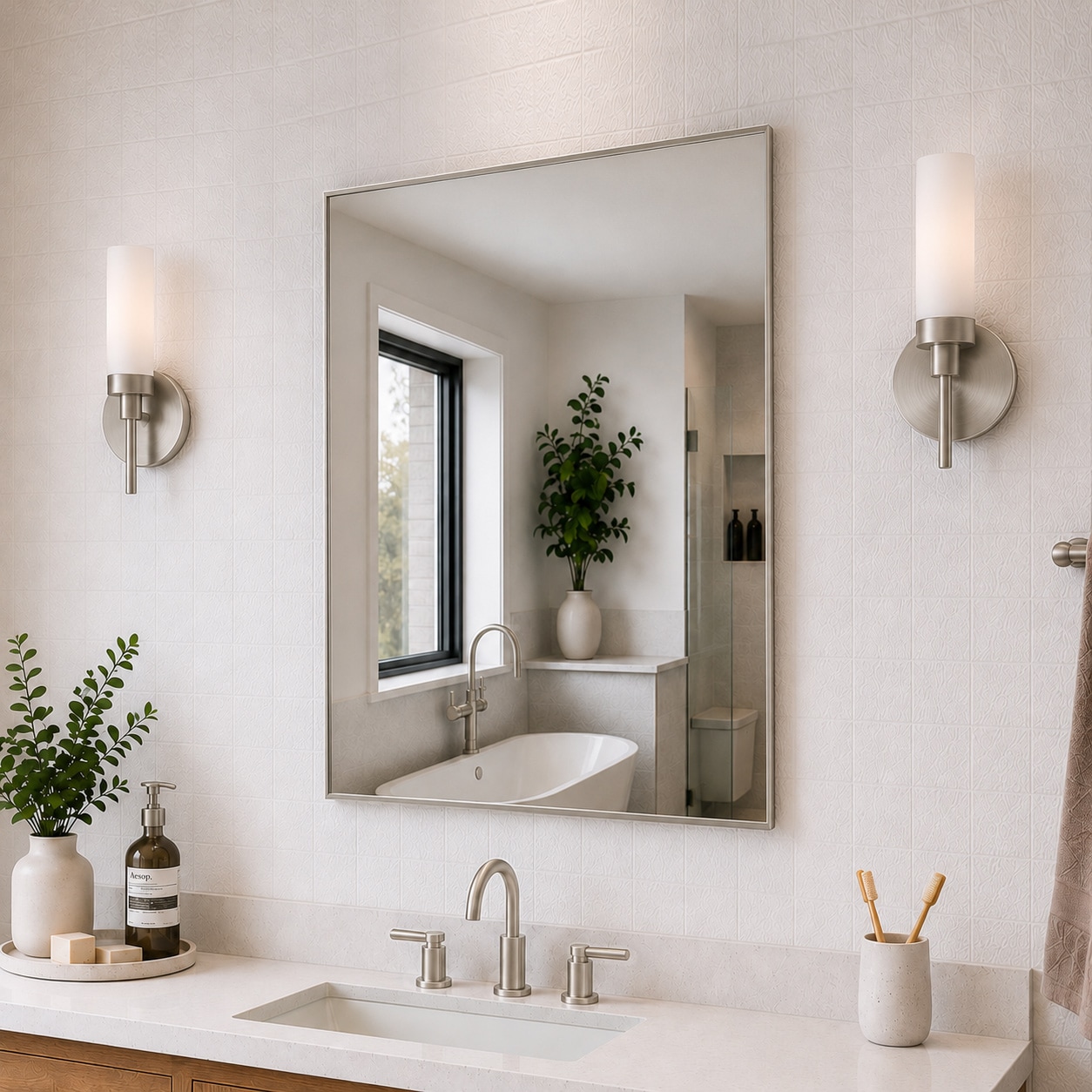 TaiMei 24-in x 30-in Framed Rectangle Bathroom Vanity Mirror ( Brushed Nickel ) #TLM-2430NK