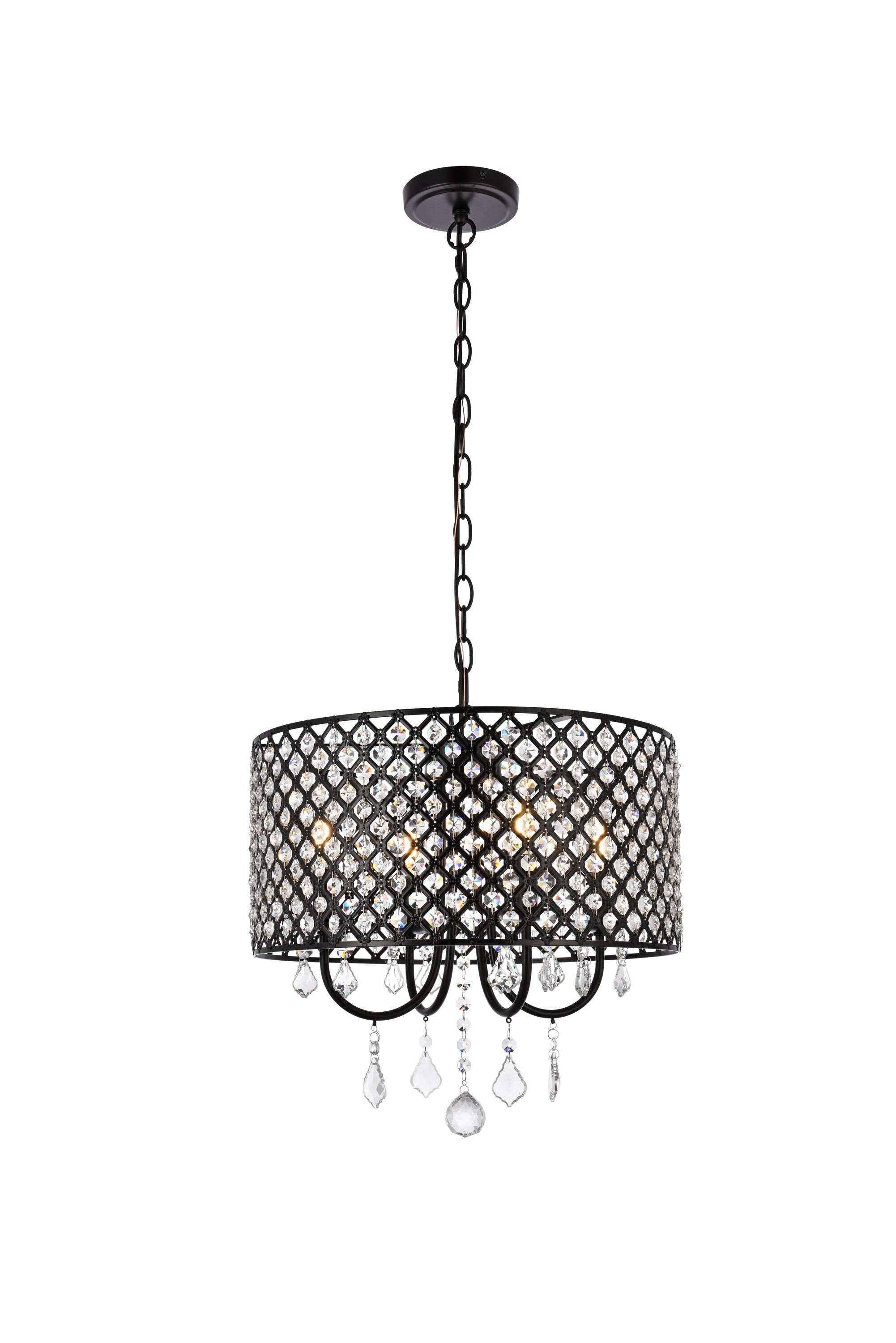 Elegant Crystal and Iron Black Drum Pendant with Lattice Shade