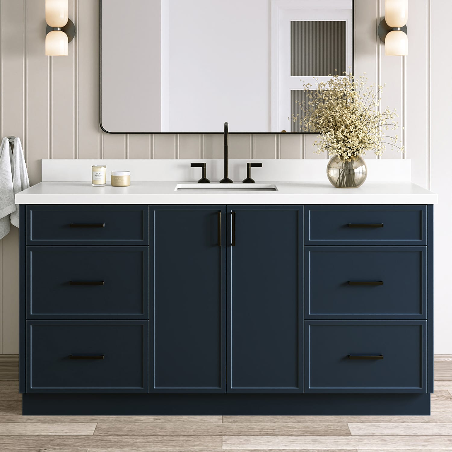 ARIEL - Kelly 66-in Midnight Blue Undermount Single Sink Bathroom Vanity with Pure White Quartz Q...