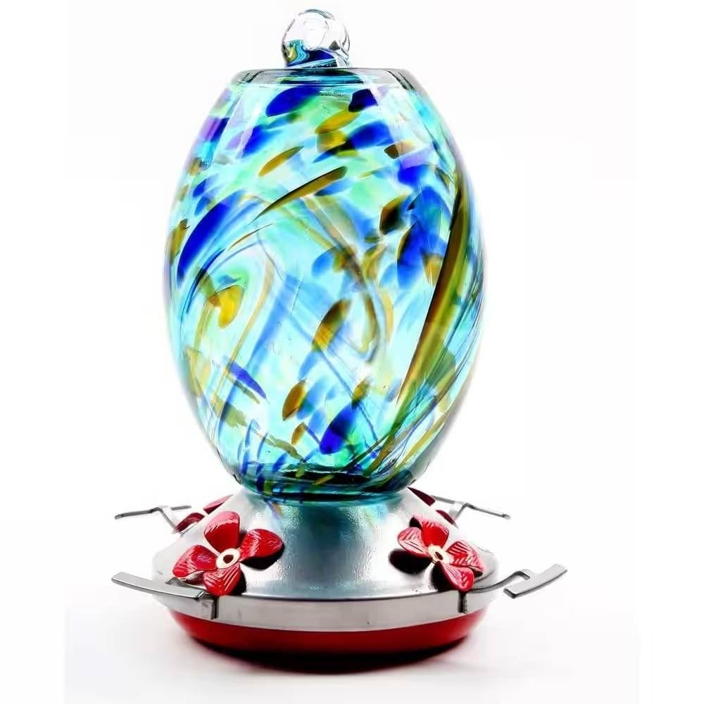 Slickblue - Glass Hanging Hummingbird Feeder Blown Glass Reservoir Four Flower Ports with Perch f...