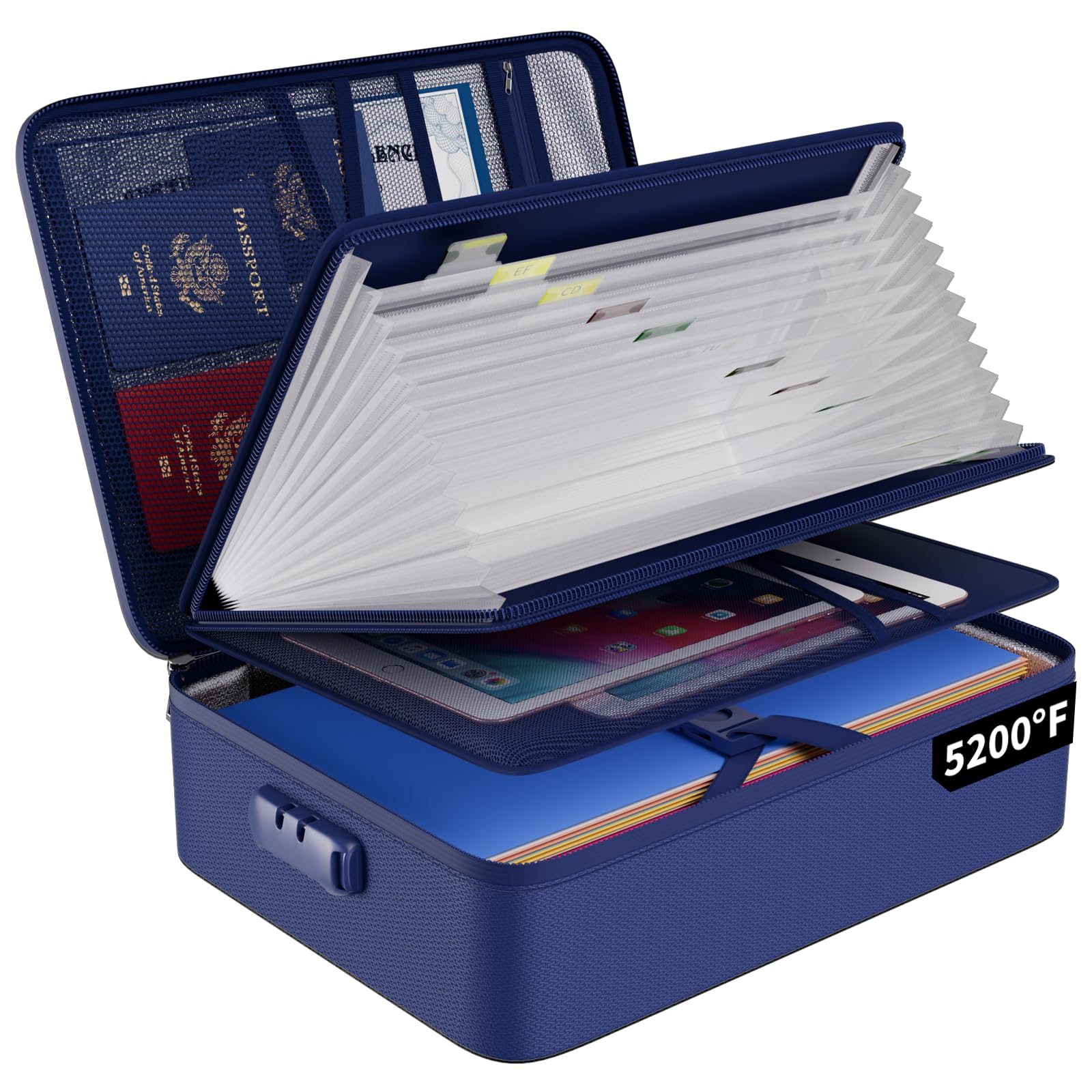 LAIFUCAM  Fireproof File Organizer Bag 5200 Degree Safe Storage Box with Lock Multi Layer Accordion Folder 13 Pocket Card Slot Passport Mesh
