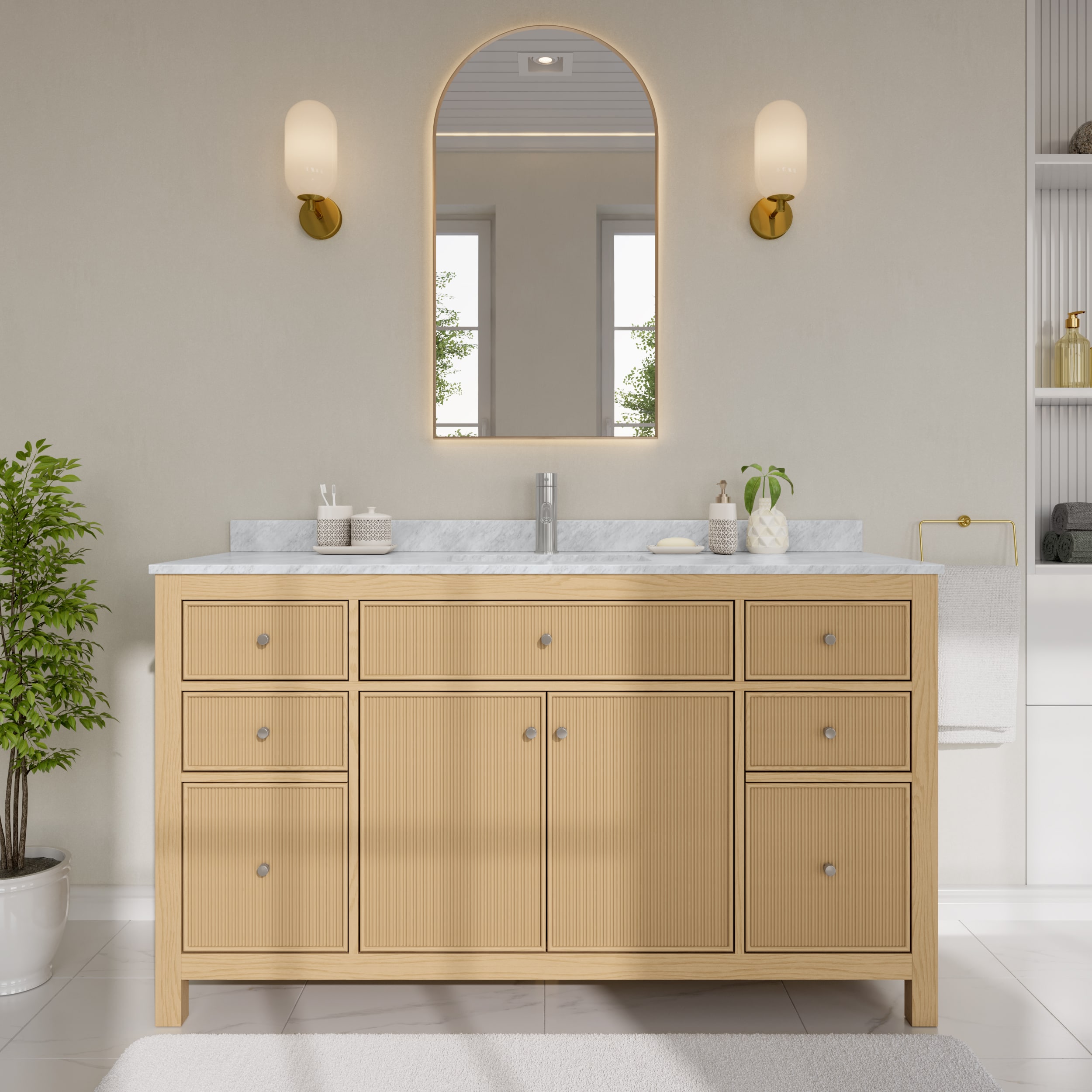 Wyndham Collection Pendry 60-in Tanned Oak with Brushed Nickel Trim Undermount Single Sink Bathroom Vanity with White Carrara Marble Natural Marble Top